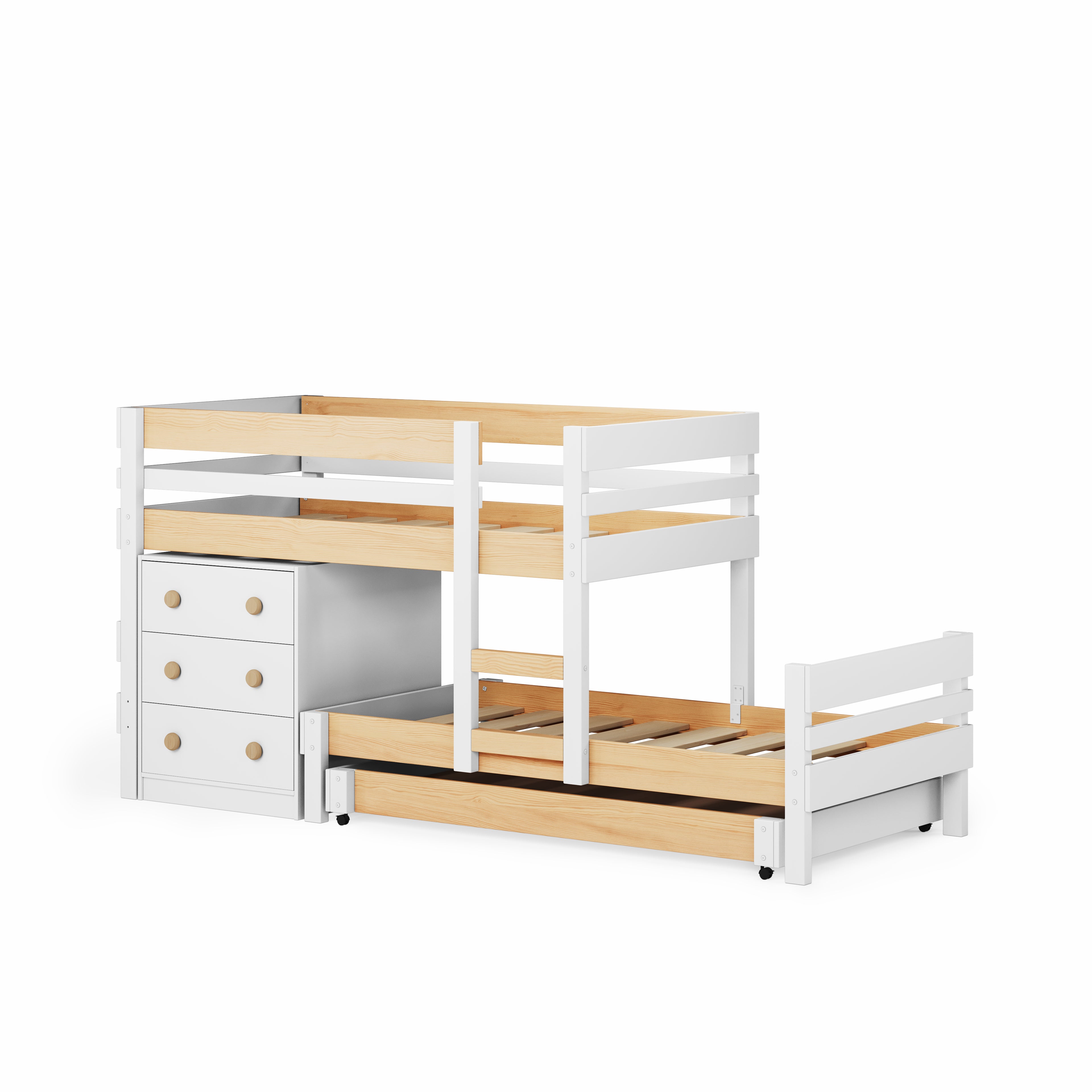 White low height long-wall bunk bed with under bed drawers and wooden knobs.