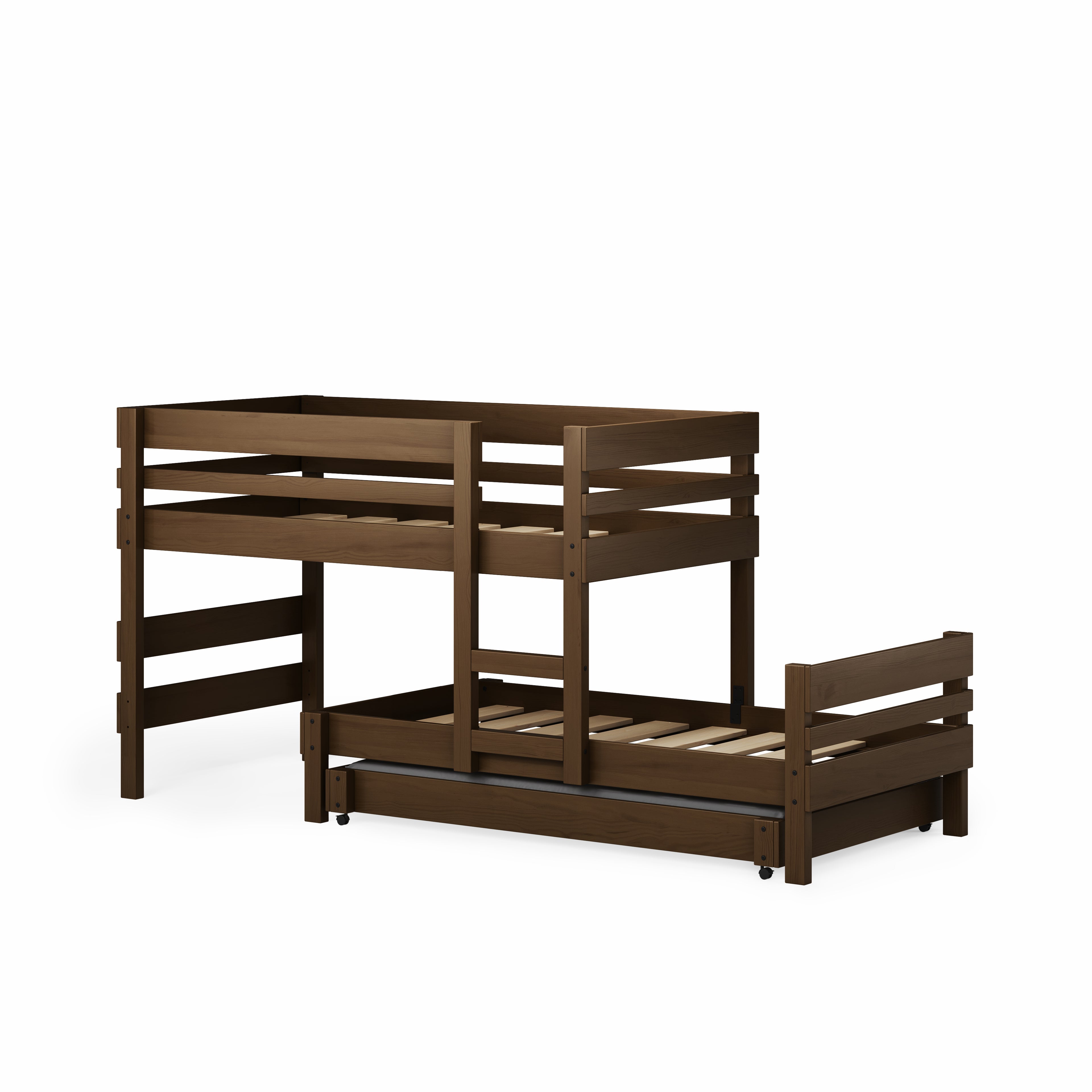 Low height long-wall bunk bed in dark wood with top guard rails and bottom twin bed with ladder.