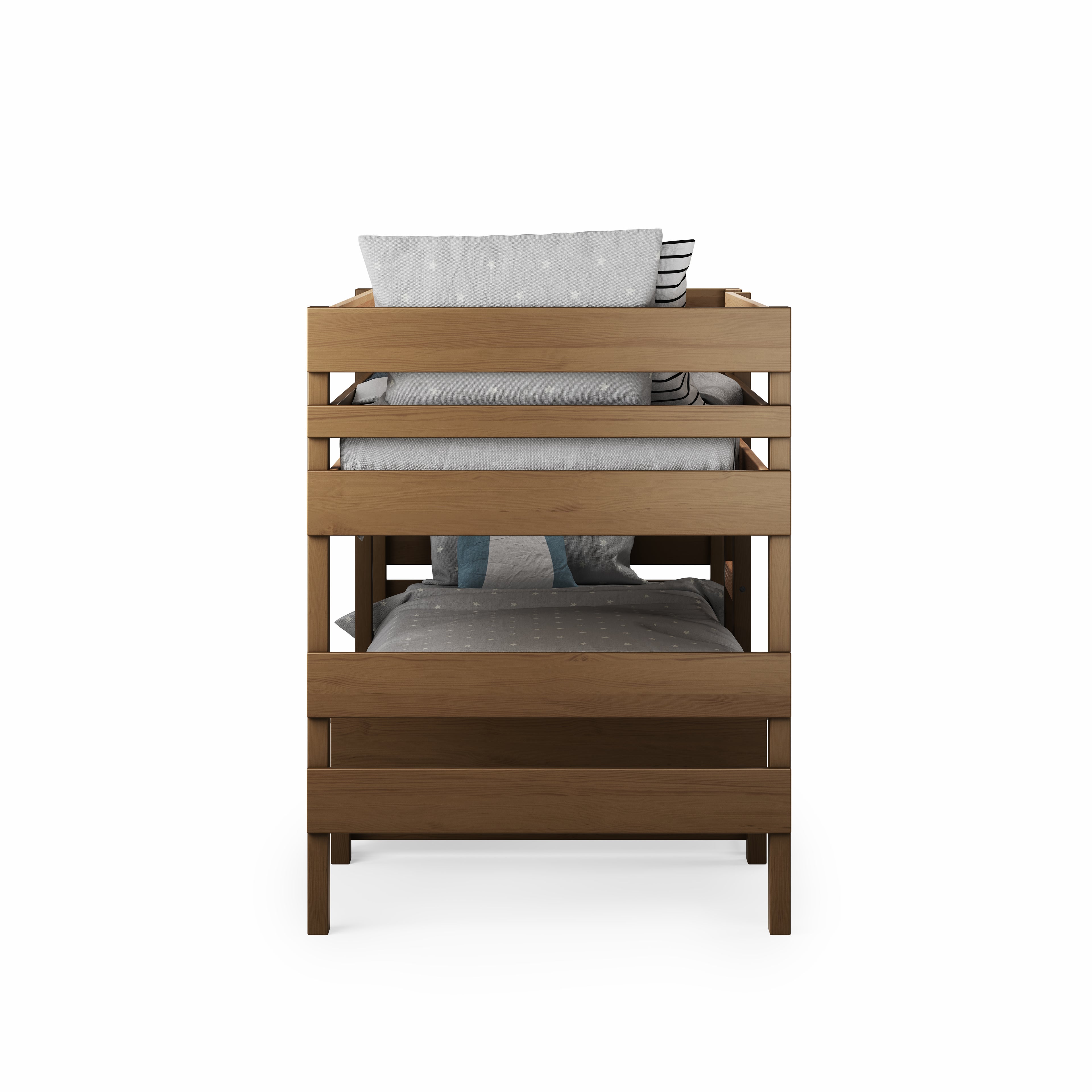 Low height long-wall bunk bed in native elm wood with horizontal slats and simple design.