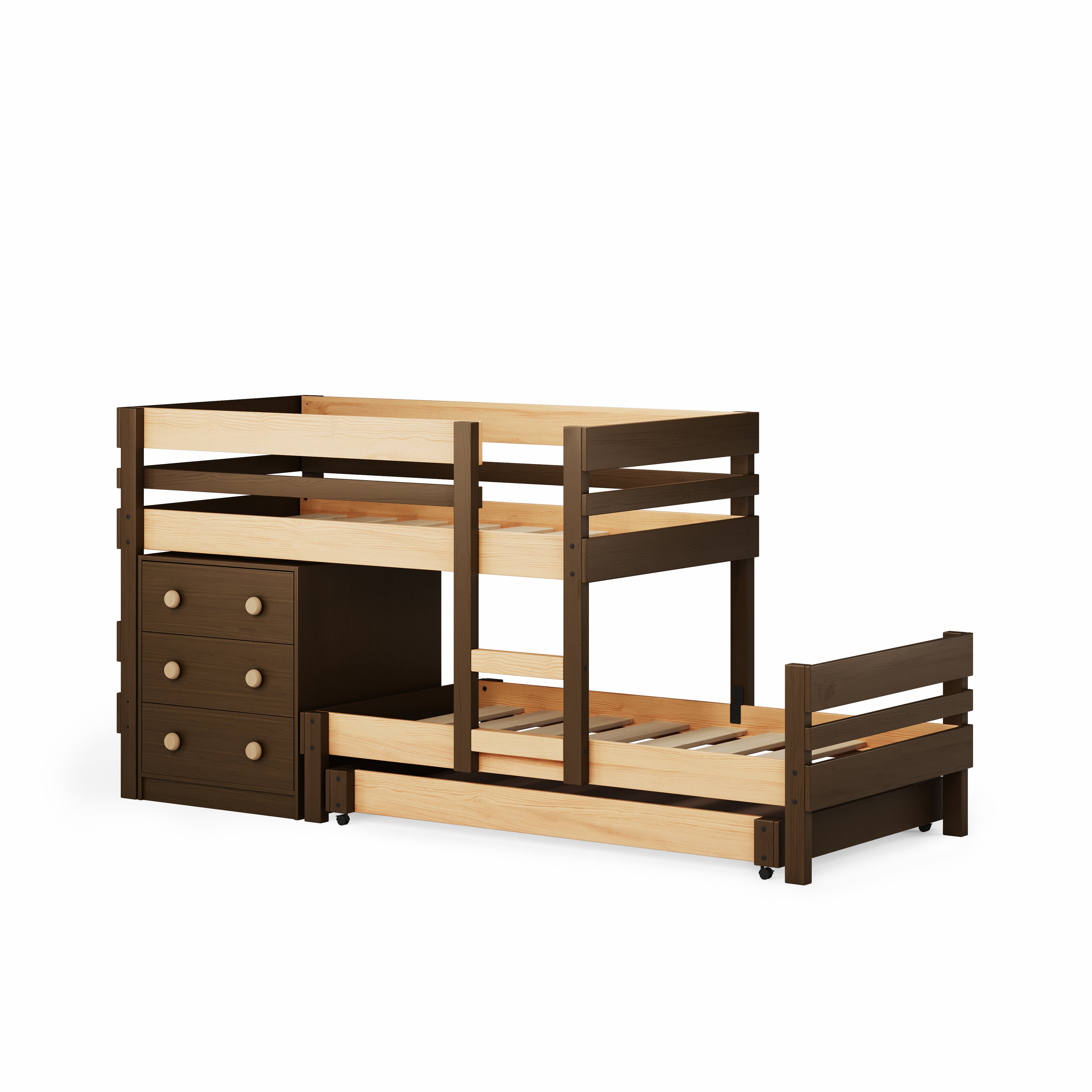 Low height long-wall bunk bed in elm and clear finish with integrated chest and ladder.
