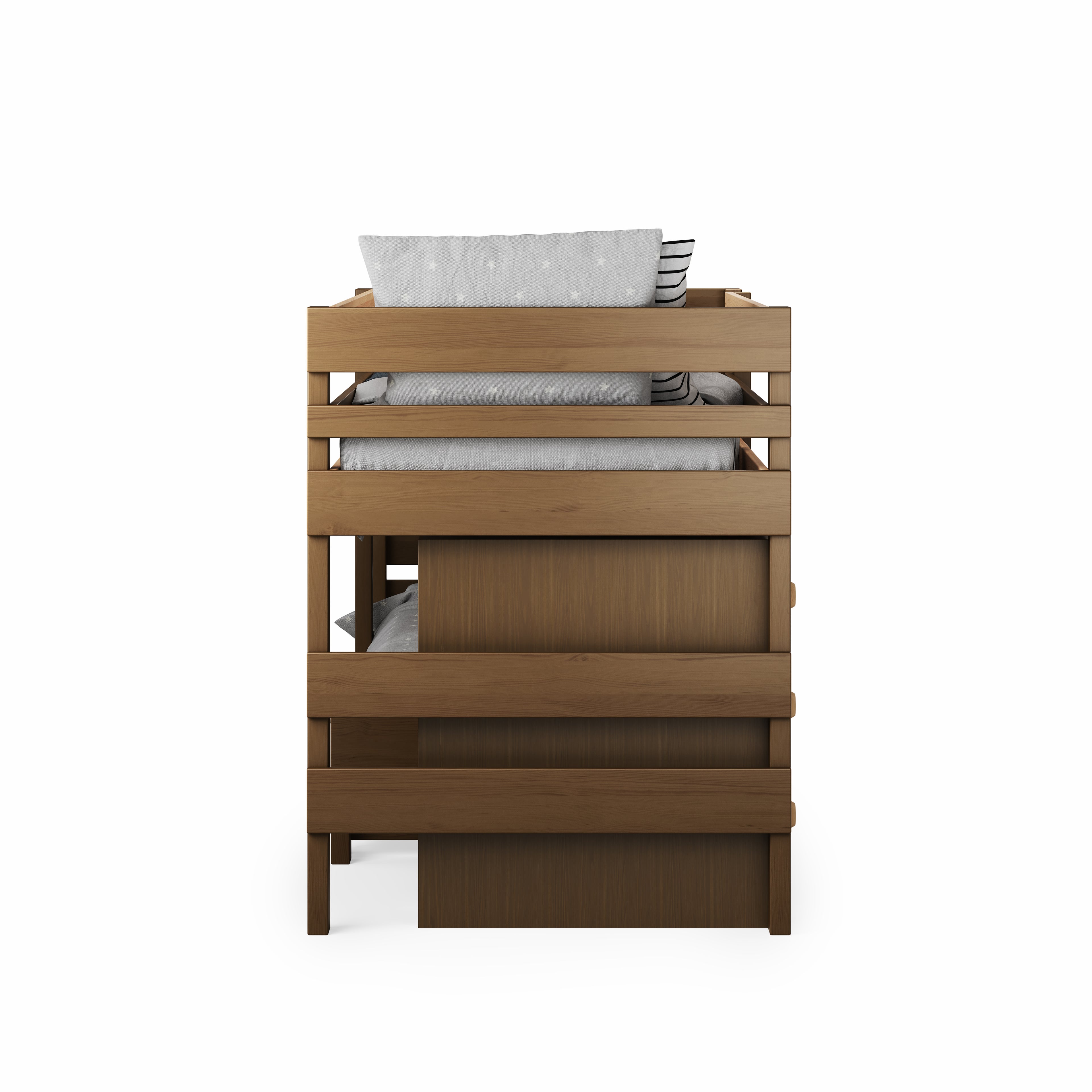 Native elm low height long-wall bunk bed with safety rails and built-in storage drawers.