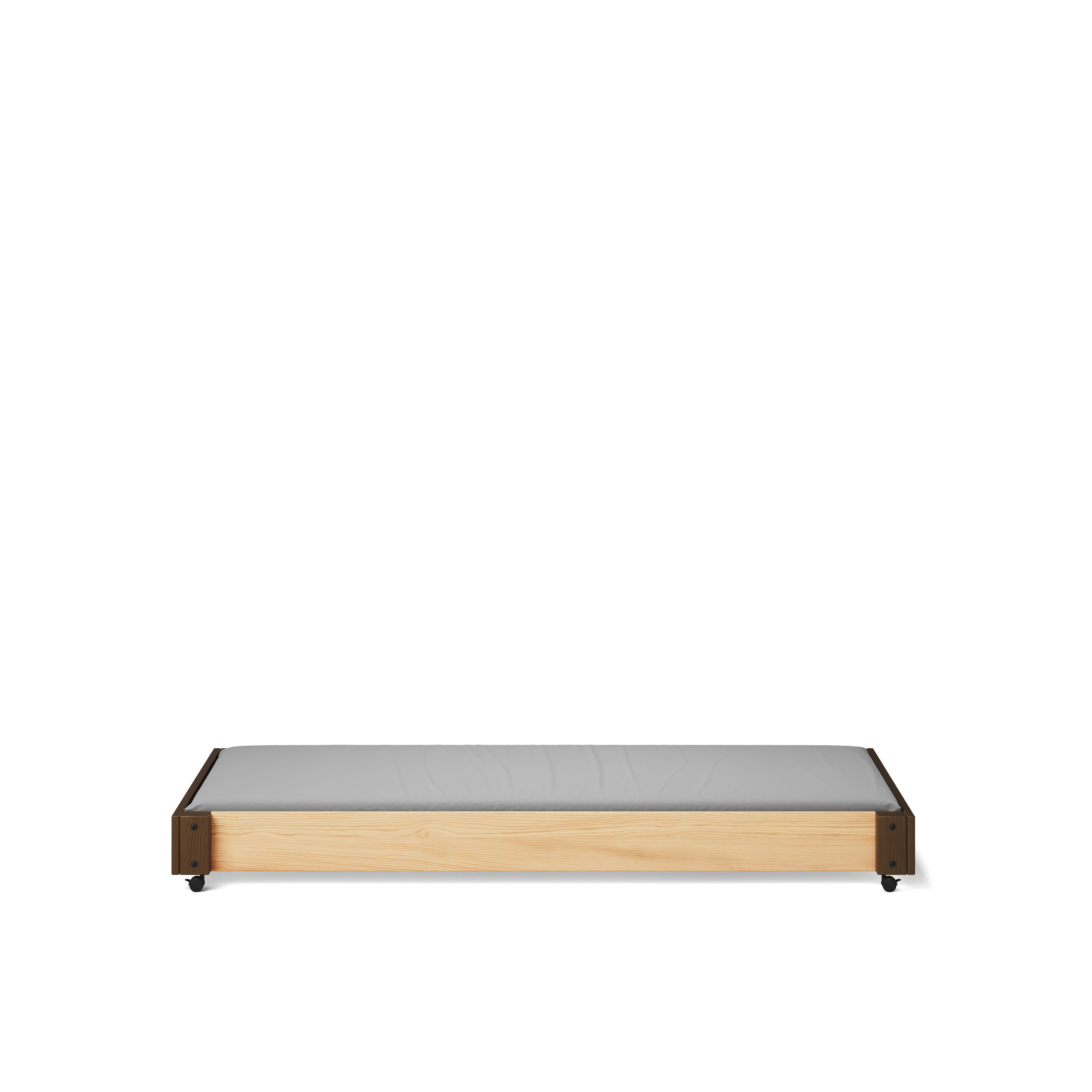 Low height long-wall bunk bed base in natural elm wood with clean modern lines.