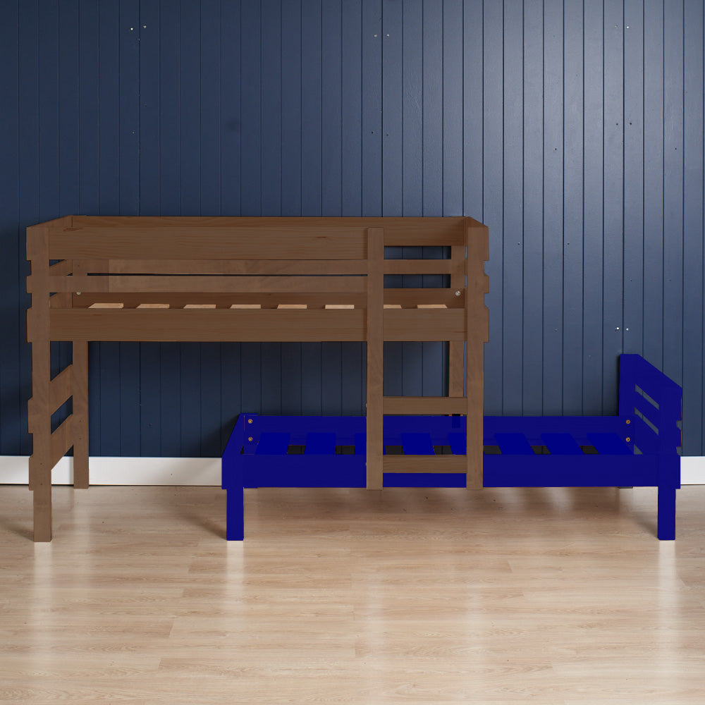 Elm wood loft bed with integrated lower bunk bed and ladder against blue paneled wall.