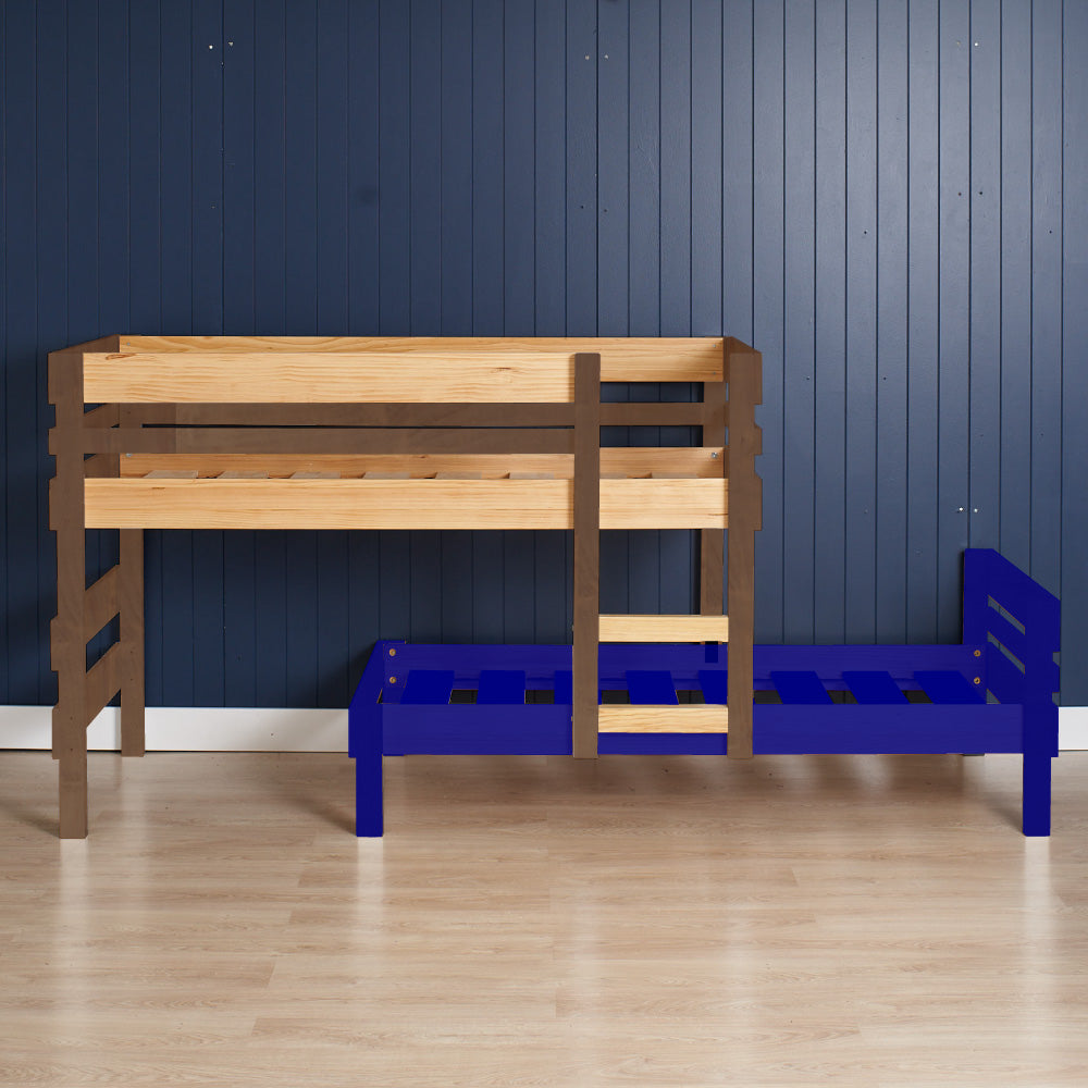 Elm and clear wood loft bed with high side rails and integrated ladder over a blue bunk bed frame.