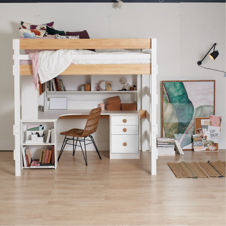 Hobart Loft bed over large desk and storage combination