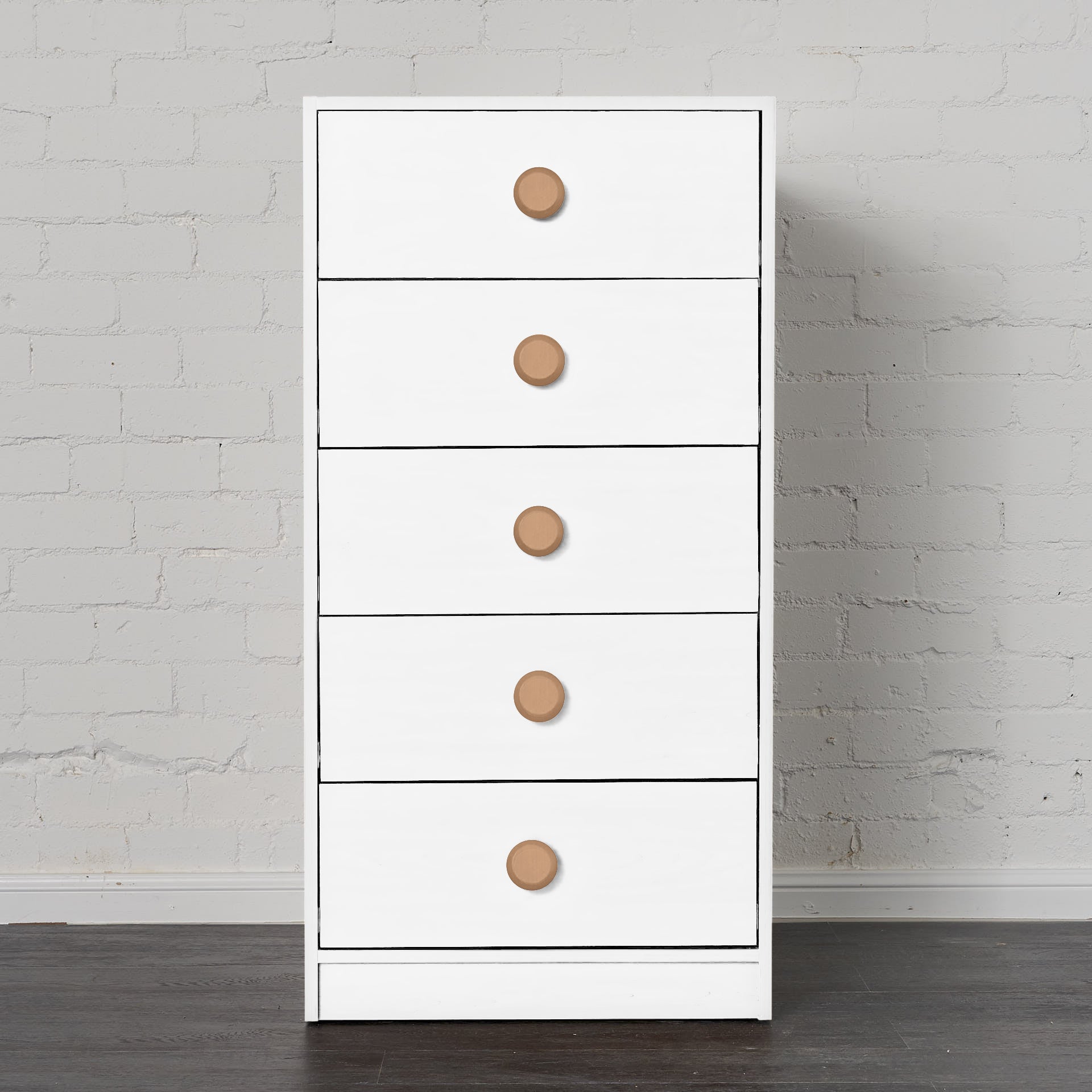 White mid-line chest with five drawers and round wooden knobs, designed for bunk or loft bed spaces.