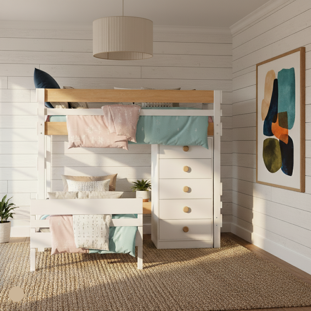 nordic finish corner bunk bed with large drawer storage chest in beachy Sydney bedroom