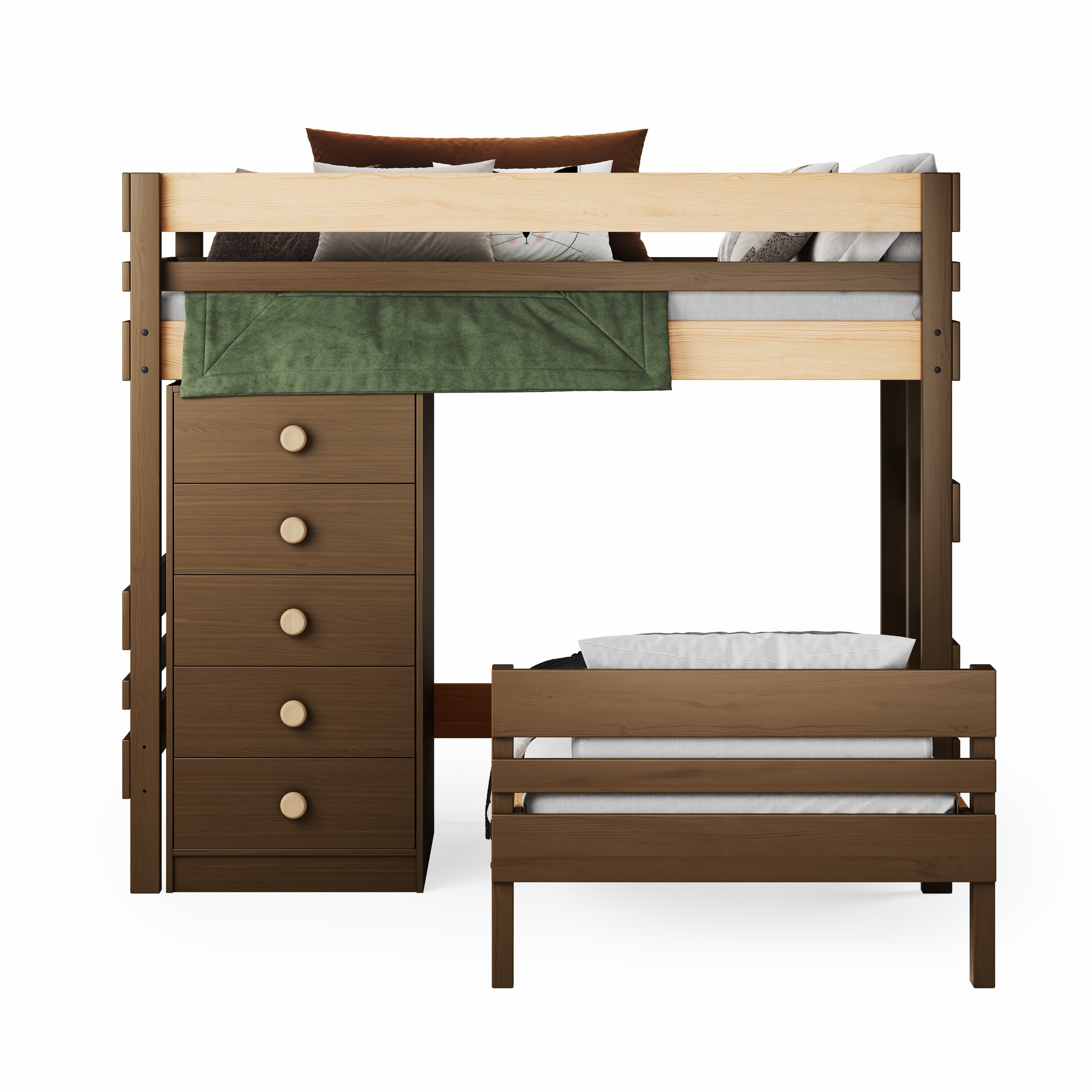 Native elm mid-line corner bunk bed with integrated chest of drawers and lower single bed.