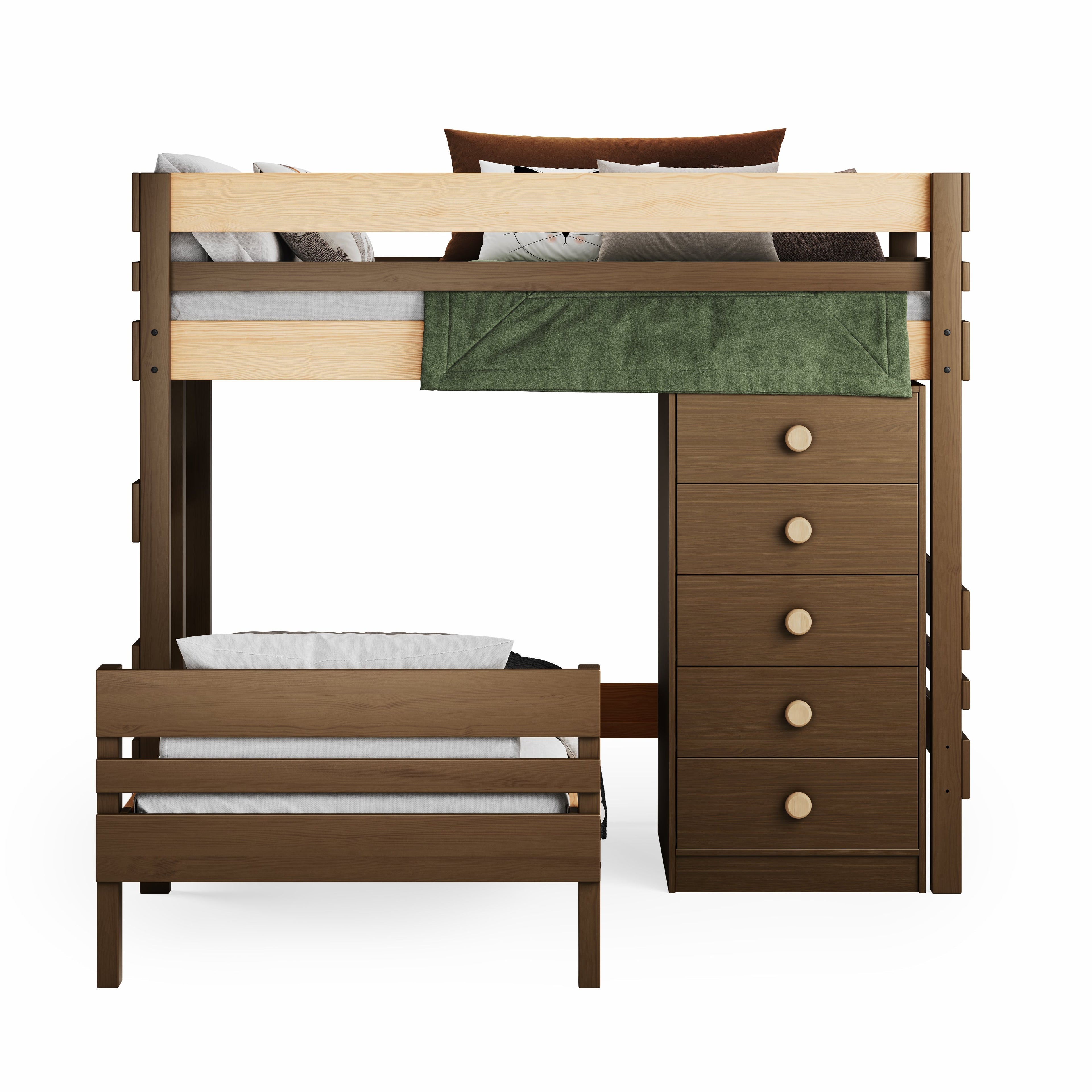 Native elm mid-line corner bunk bed with large chest of drawers and lower single bed.