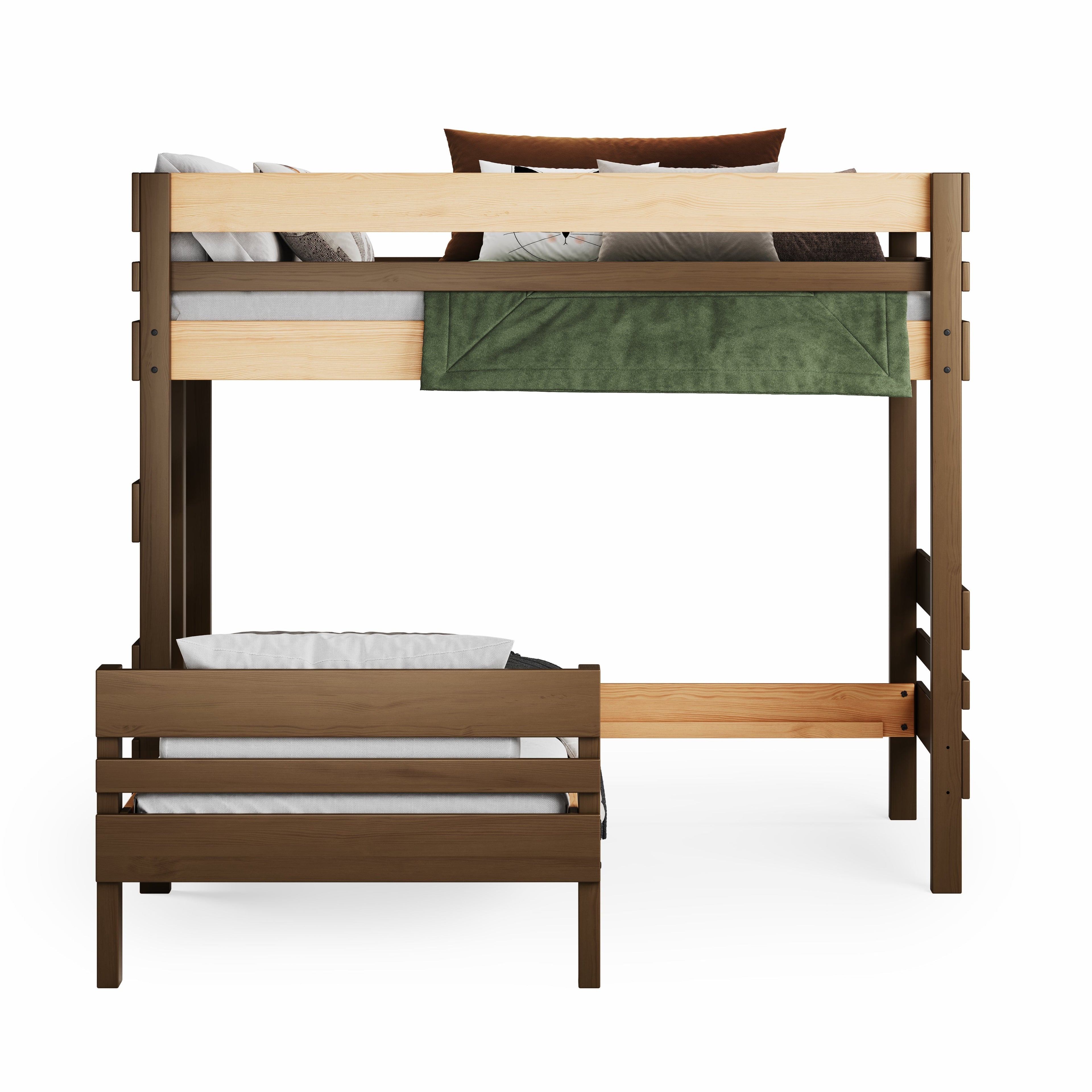Mid-line L-shaped bunk bed in natural elm wood with king single or single top and bottom mattress spaces.
