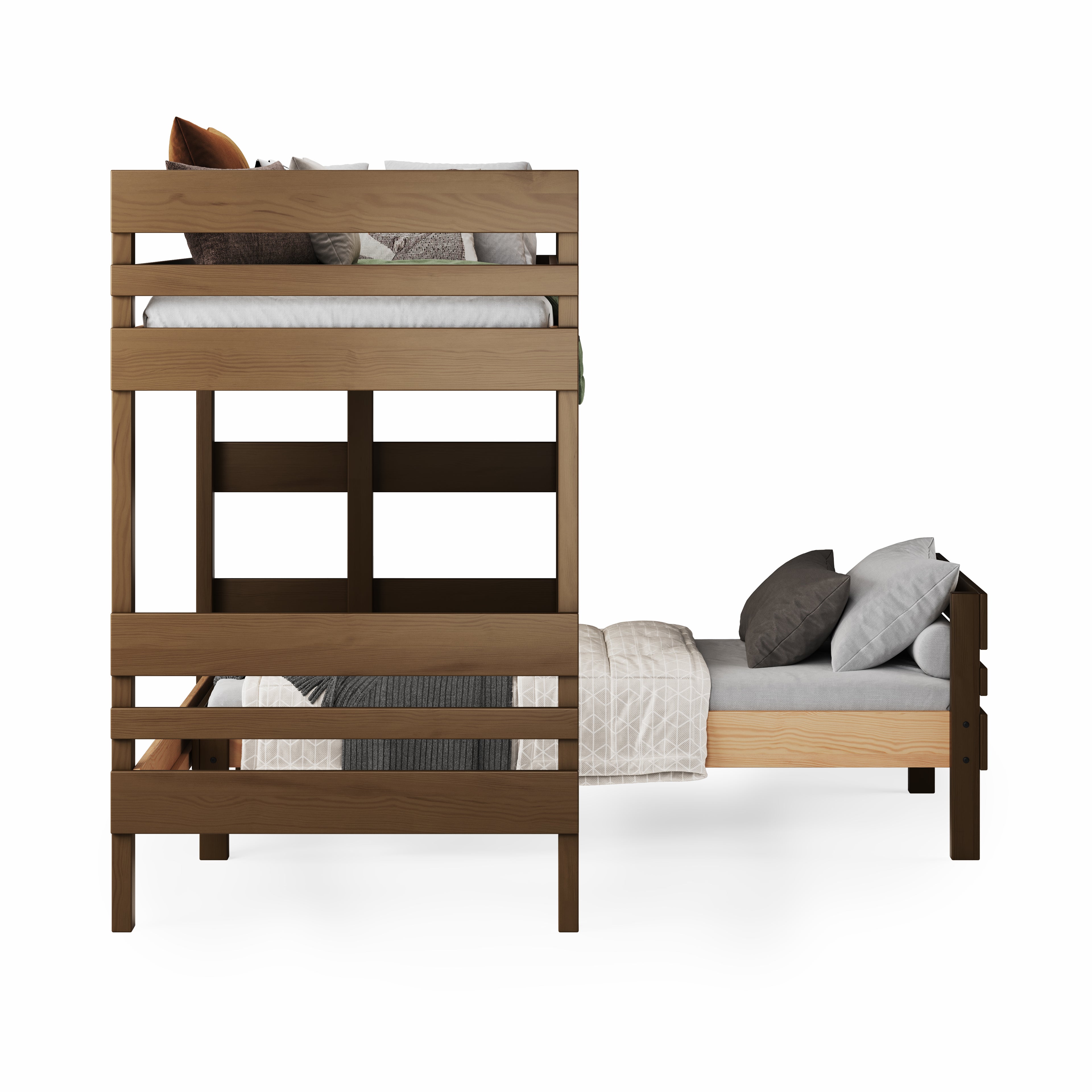 Native elm mid-line bunk bed with low-profile side rails and ladder, styled with gray and brown bedding.