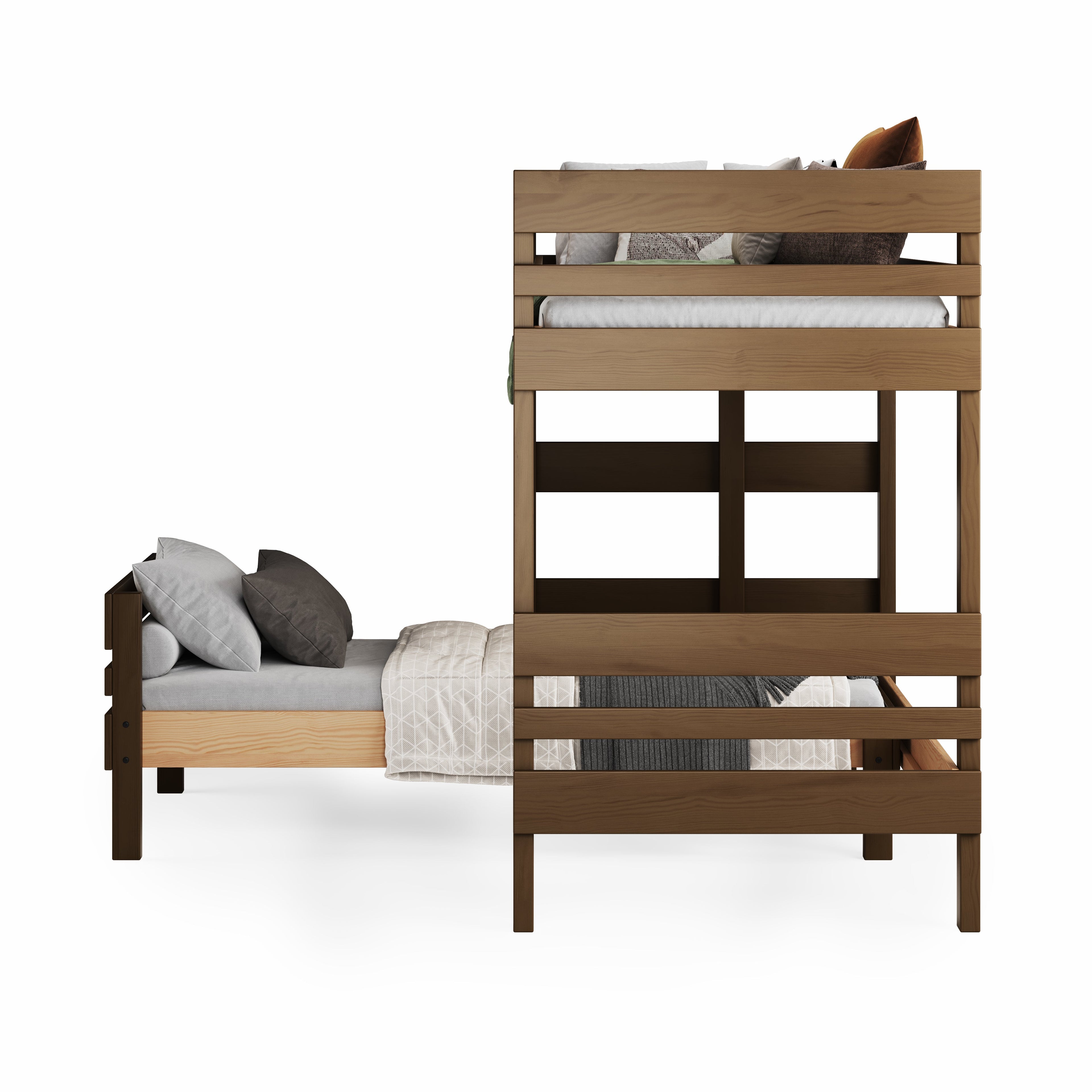 Native elm mid-line bunk bed with side rails and ladder, styled with gray and brown bedding.