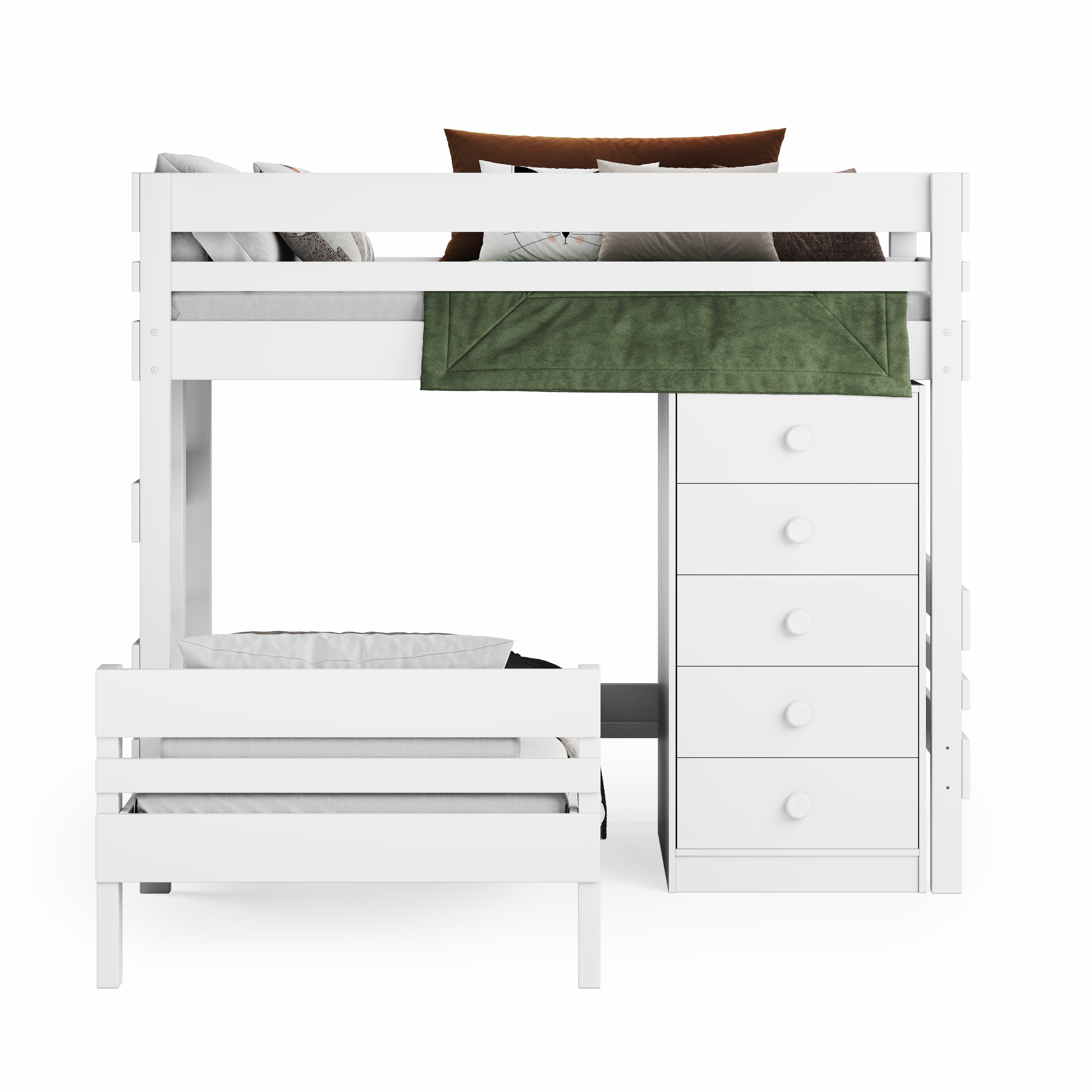 White mid-line corner bunk bed with chest of drawers and lower independent bed. - White / Single or King Single.