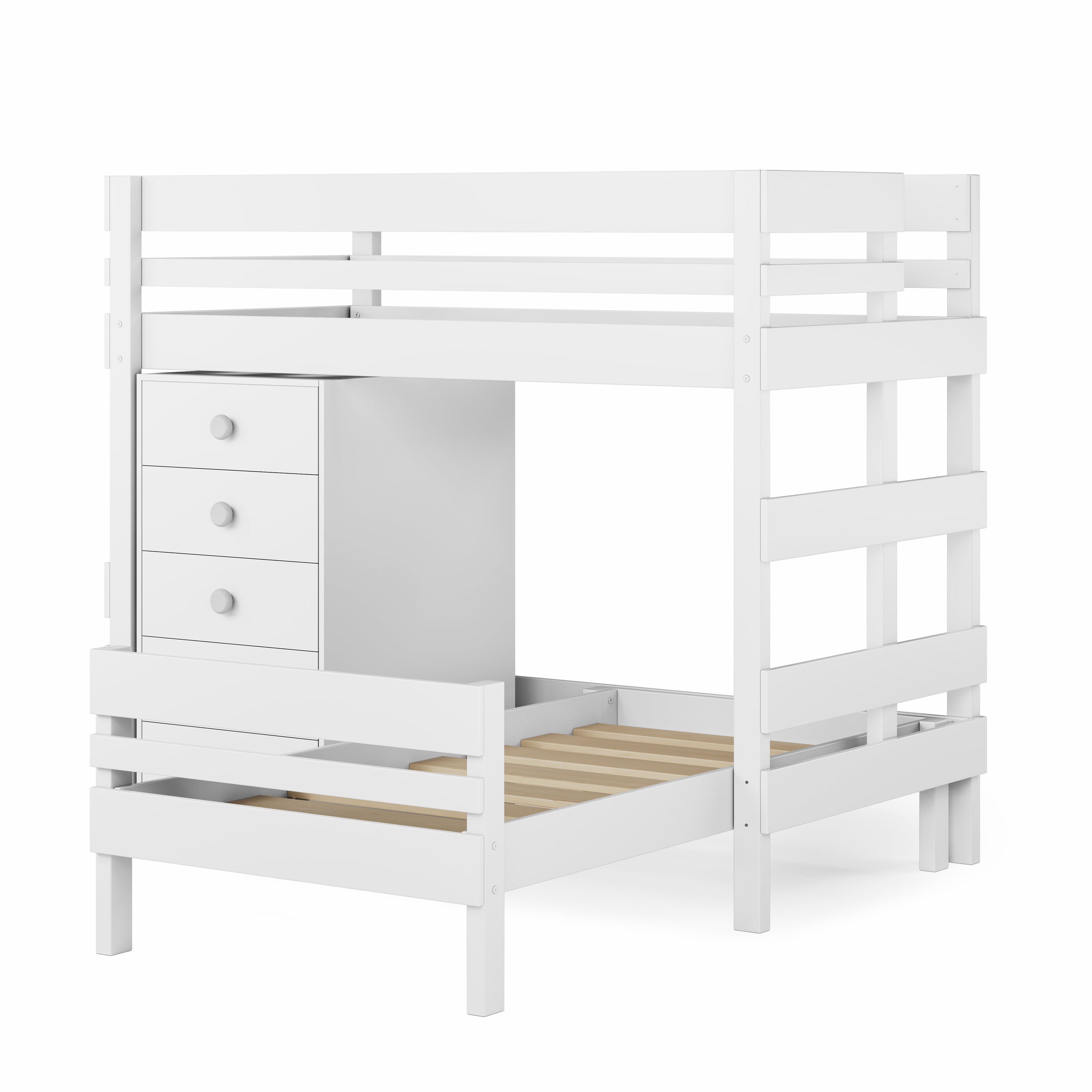 White mid-line corner bunk bed with built-in drawers and sturdy guardrails. - White / Single
