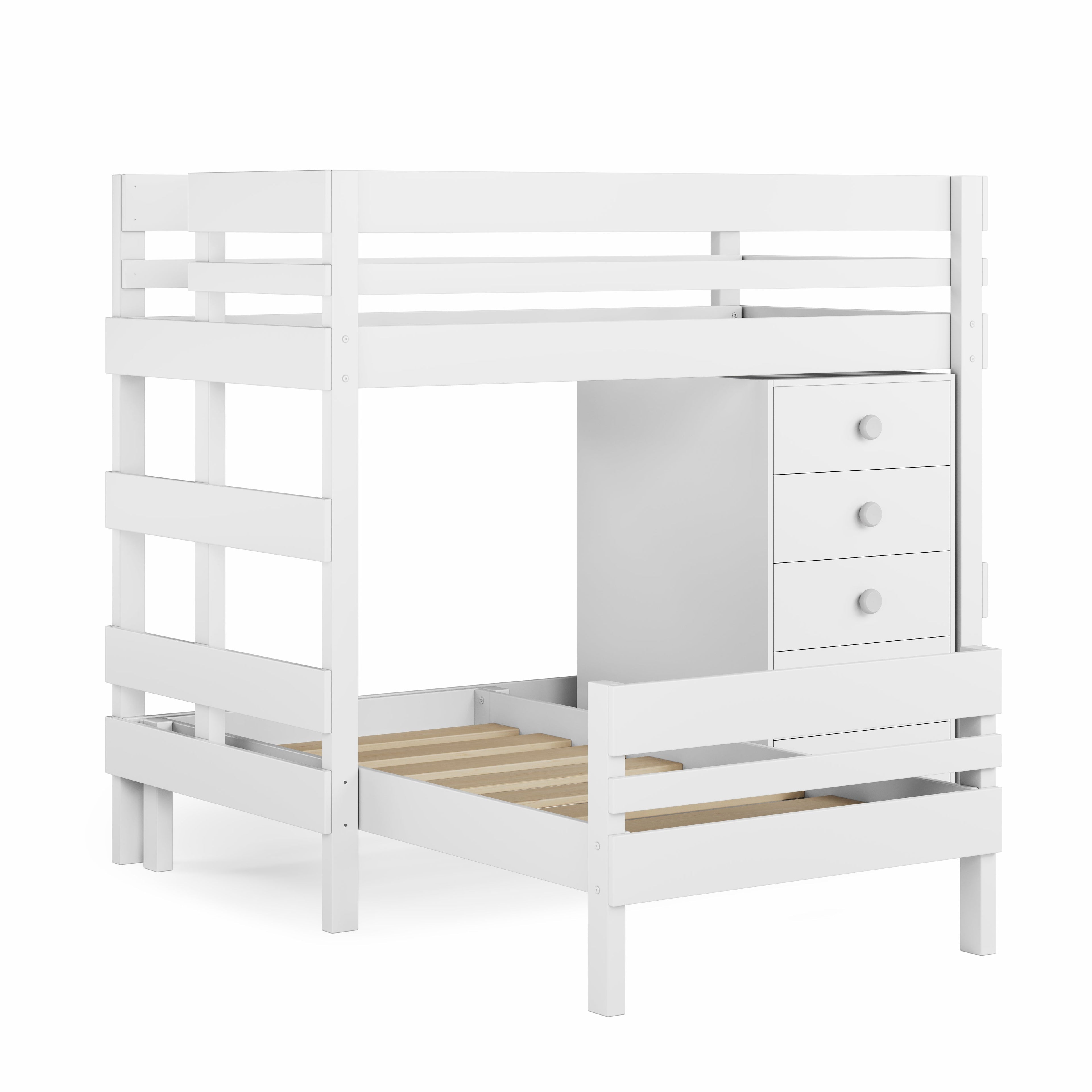 White mid-line corner bunk bed with deep drawer chest and sturdy guardrails. - White / Single or King Single