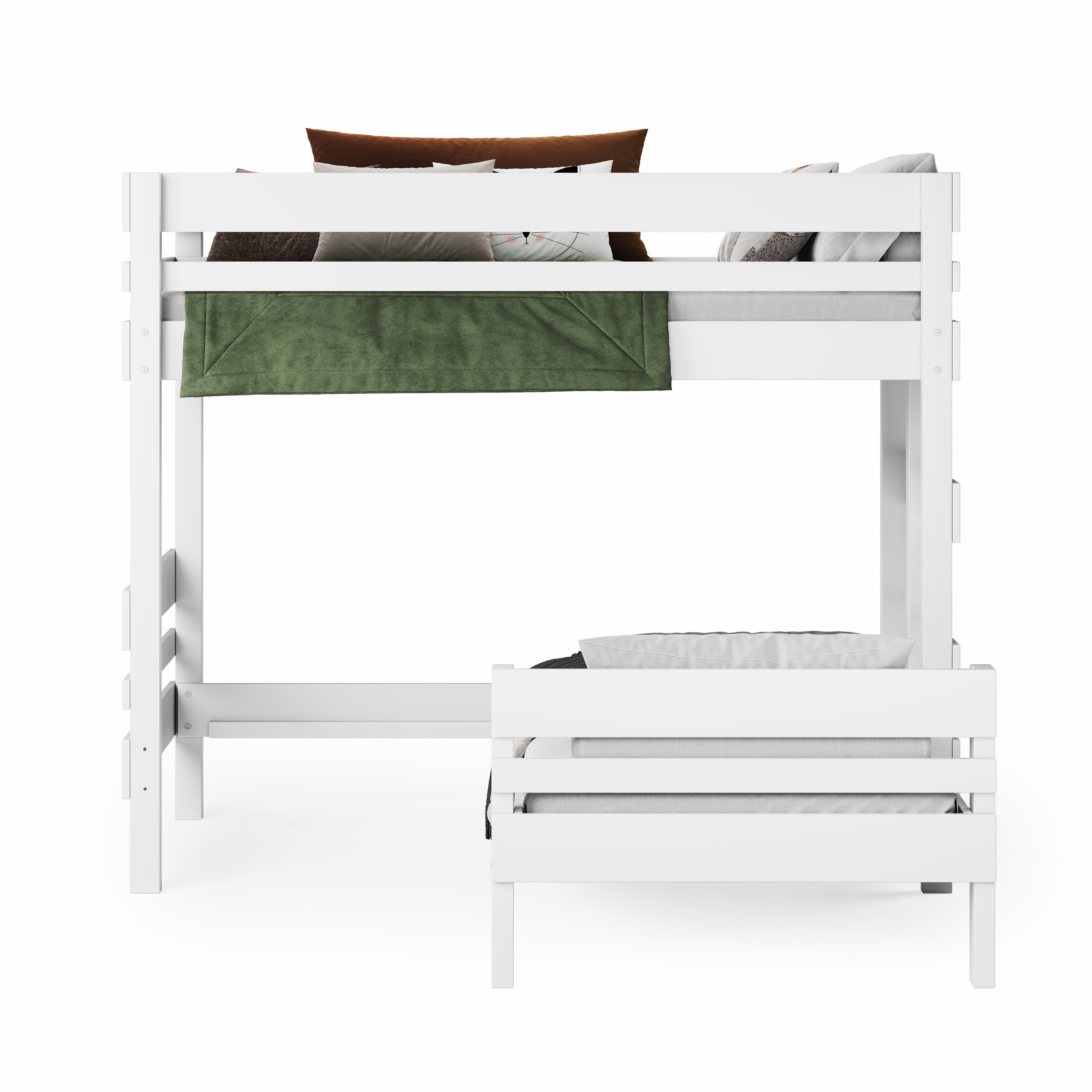 White mid-line corner bunk bed with guardrails and lower pull-out single bed. - White / Single