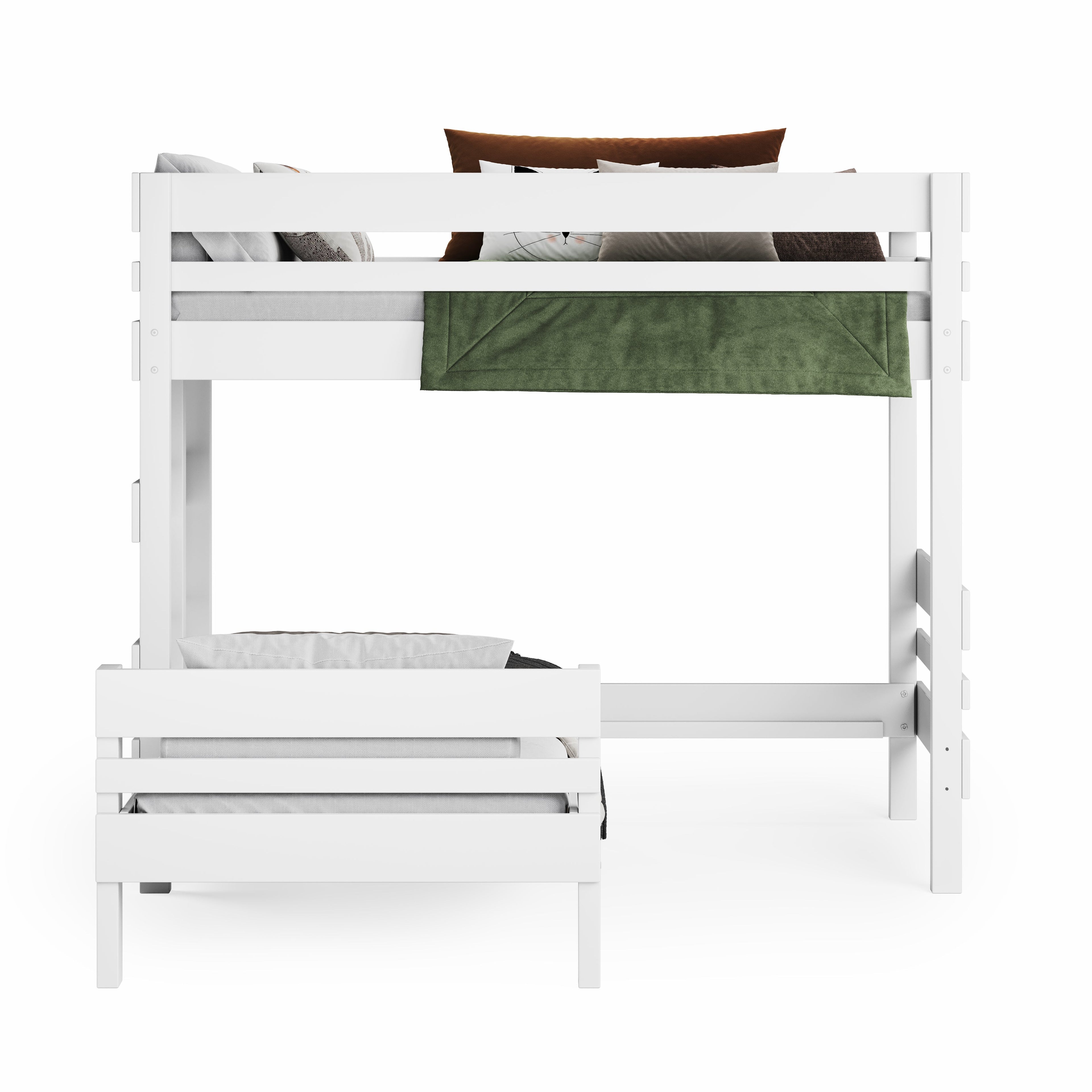 White mid-line corner bunk bed with guardrails and lower pull-out single bed. - White / Single