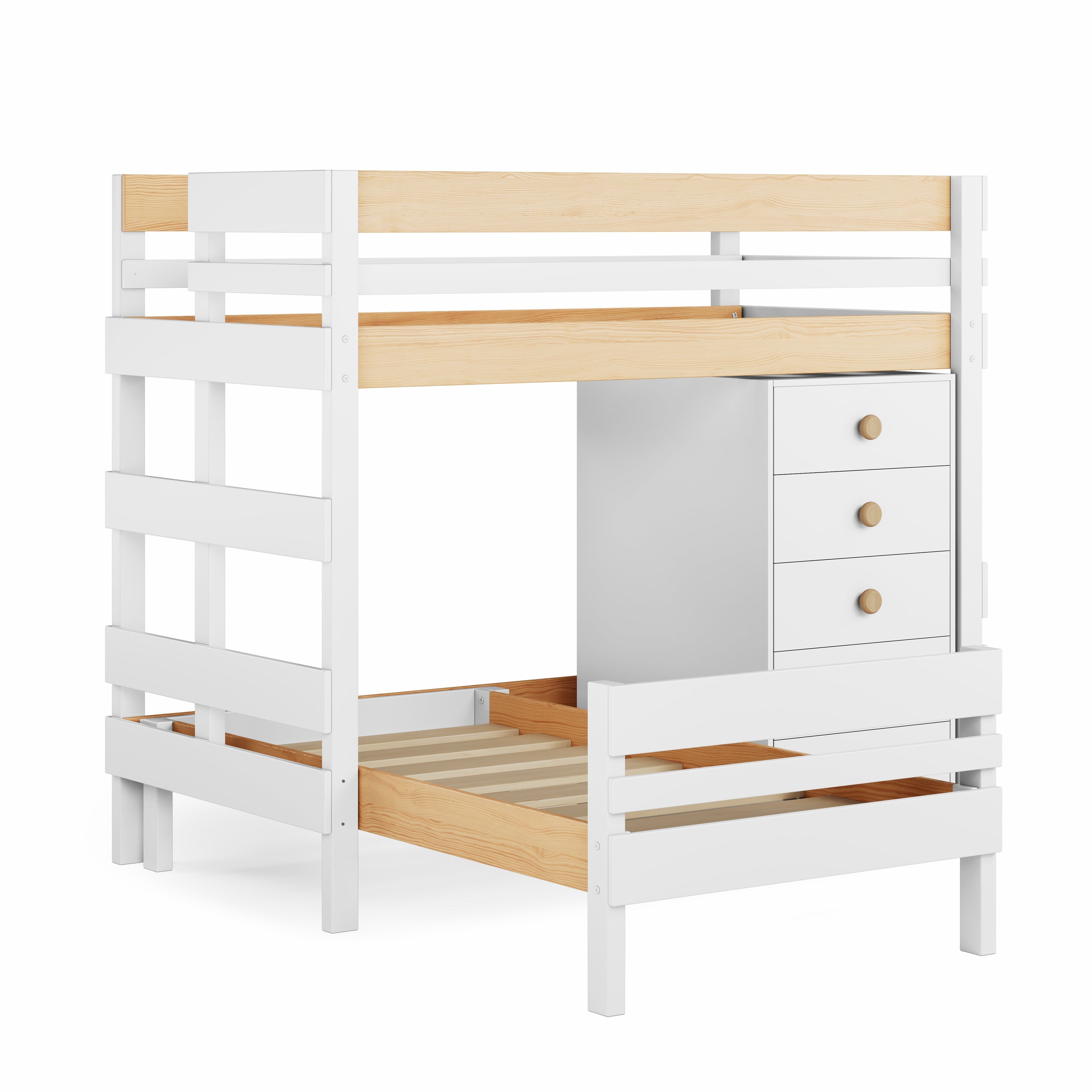 White mid-line corner bunk bed with integrated drawers and open lower bunk frame.