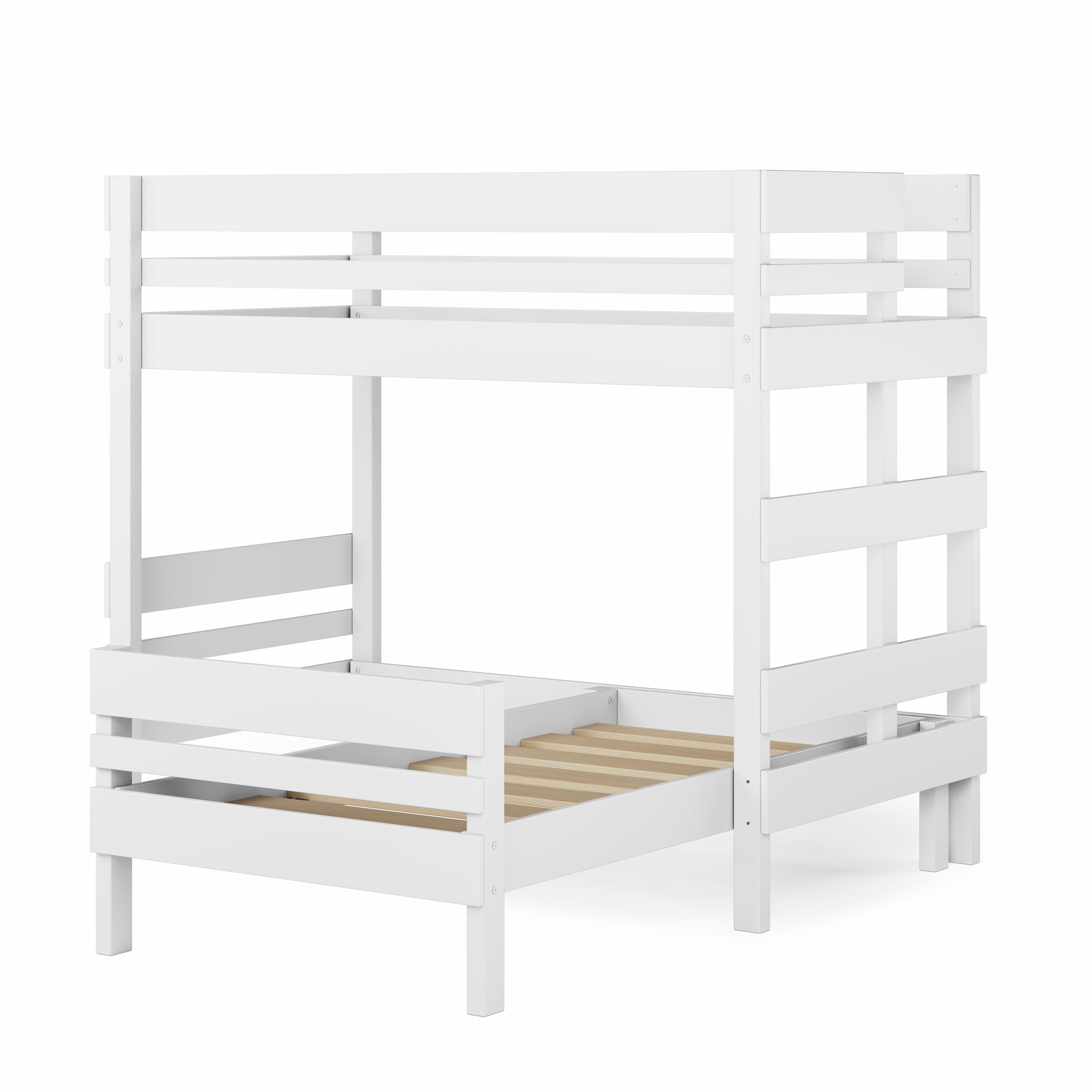 White wooden mid-line corner bunk bed with guardrails and slatted bases. - White / Single