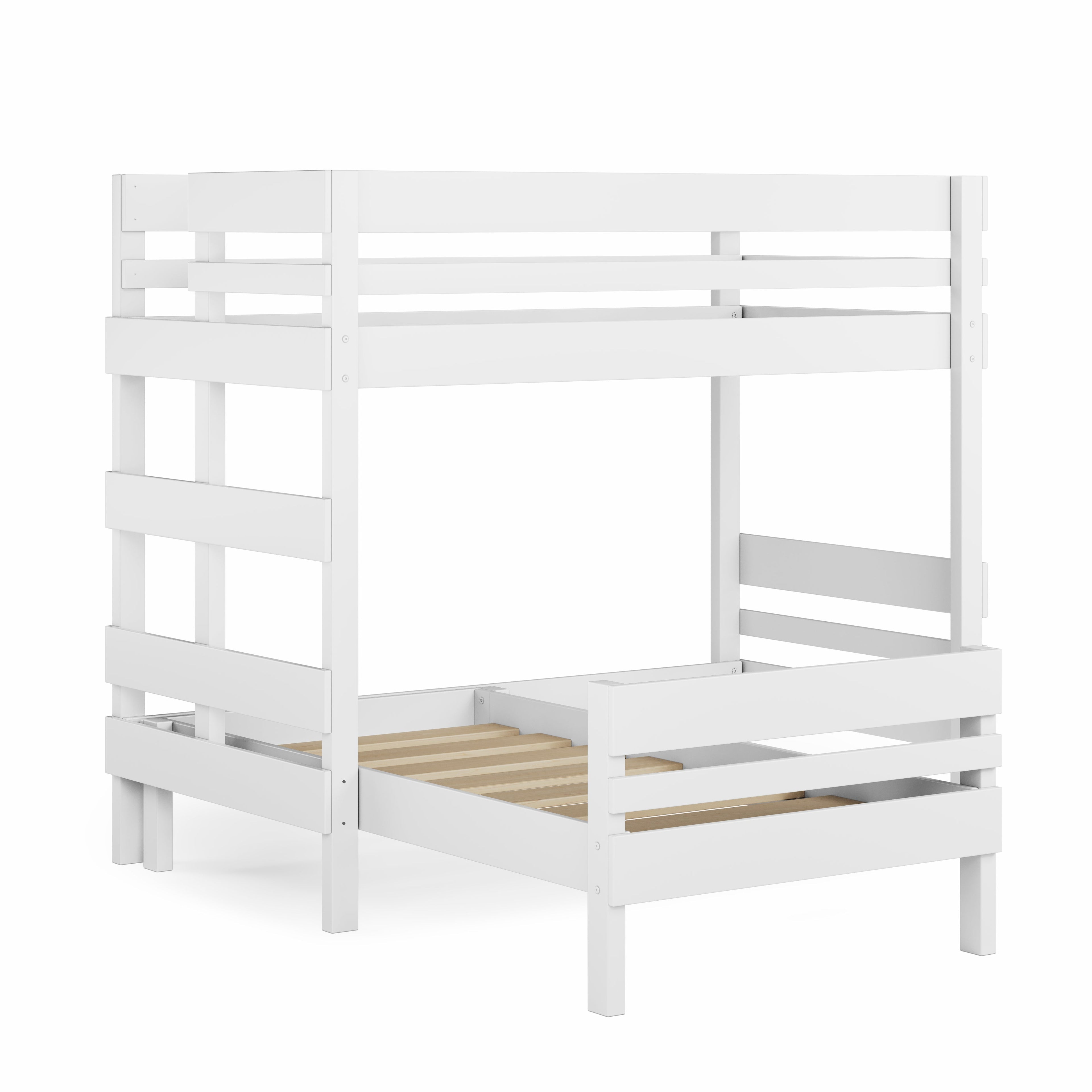 White wooden mid-line corner bunk bed with guardrails and slatted bases. - White / Single