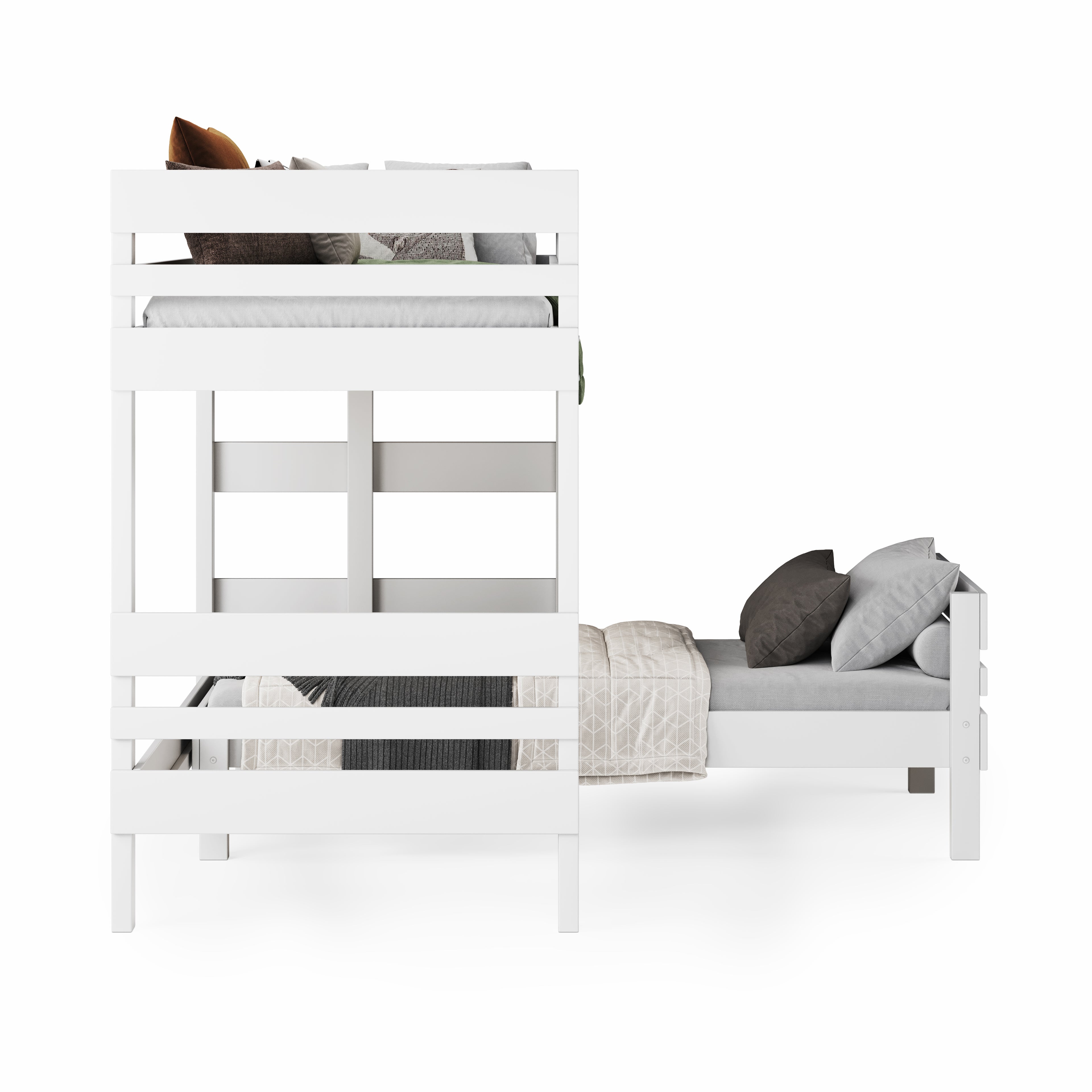 White mid-line corner bunk bed with guardrails and ladder, lower bed set perpendicular to upper bed. - White / Single