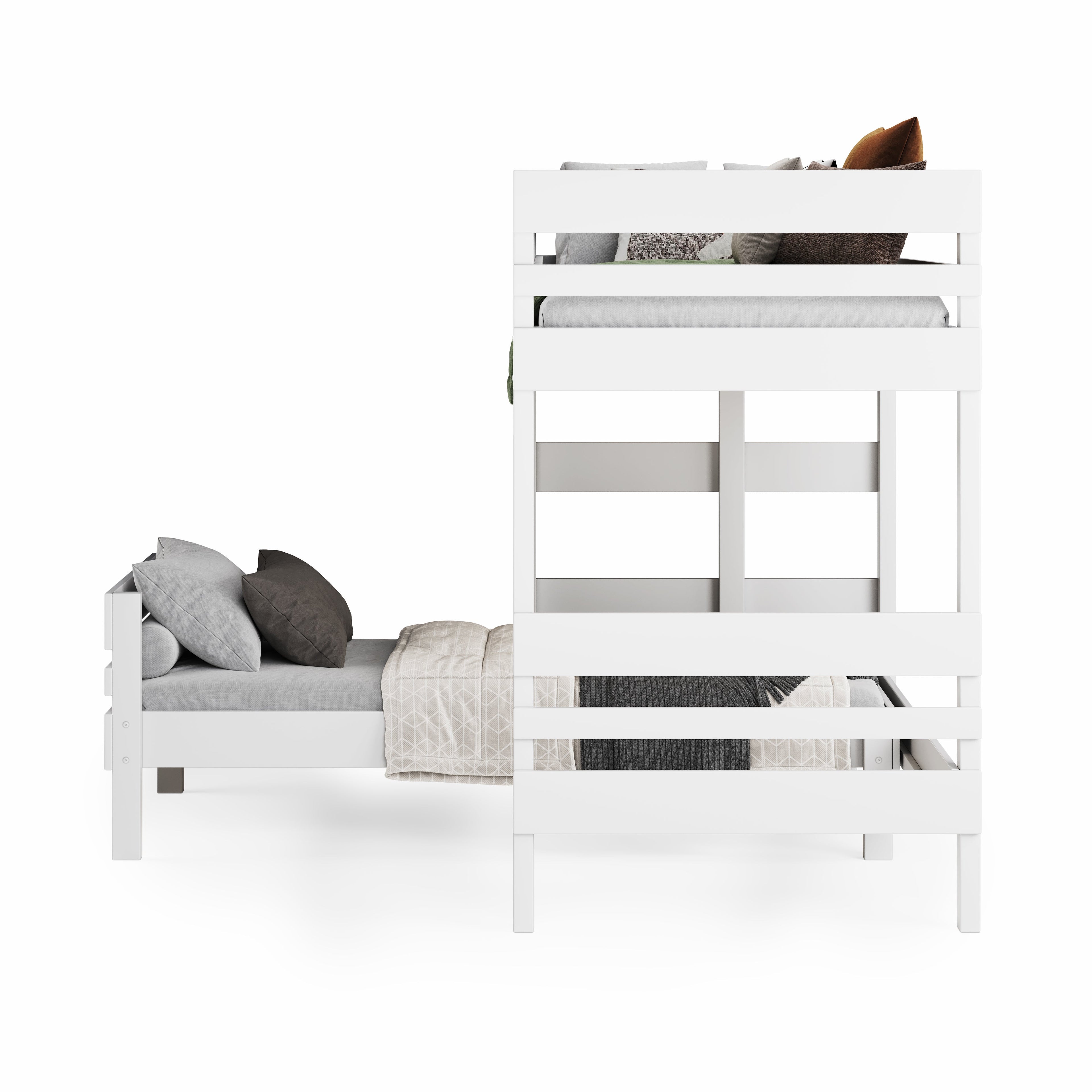 White mid-line corner bunk bed with guardrails and ladder, lower bed set perpendicular to upper bed. - White / Single
