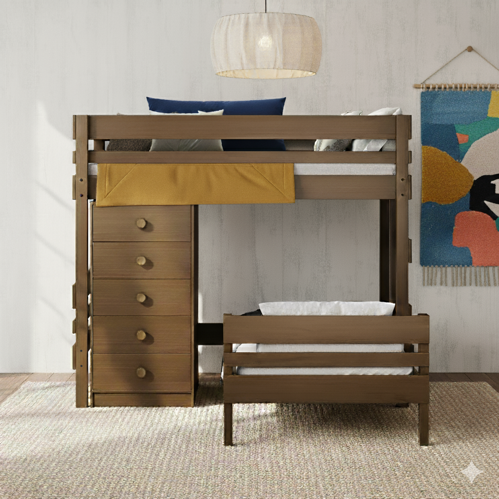 timber L shaped bunk bed with storage drawers in Canberra home