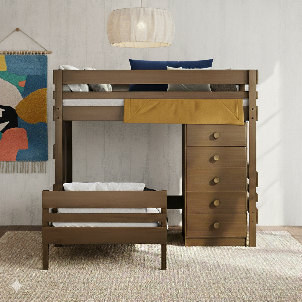 timber L shaped bunk bed with storage drawers in Canberra home