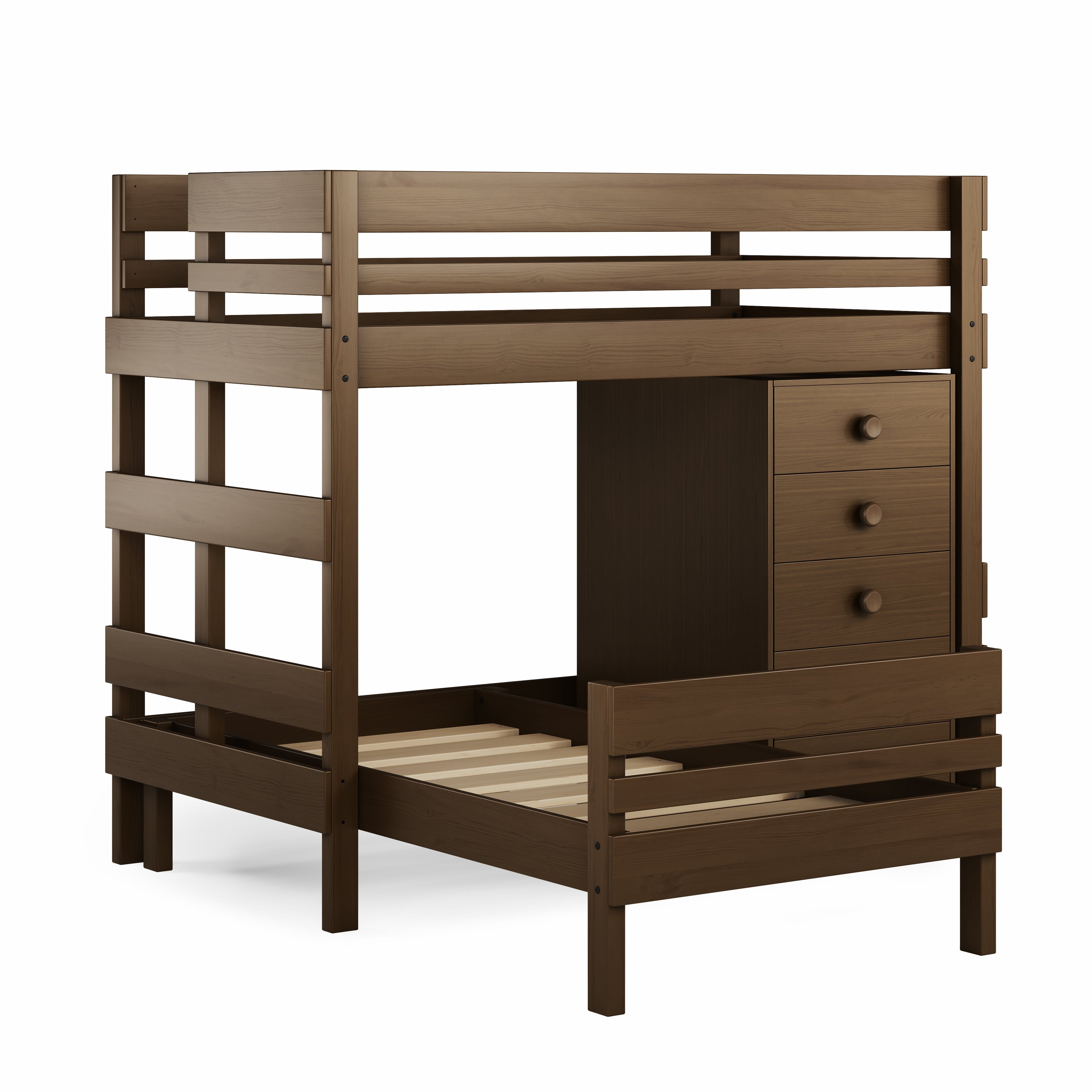 Mid-line corner bunk bed in native elm finish with five-drawer chest and built in ladder.