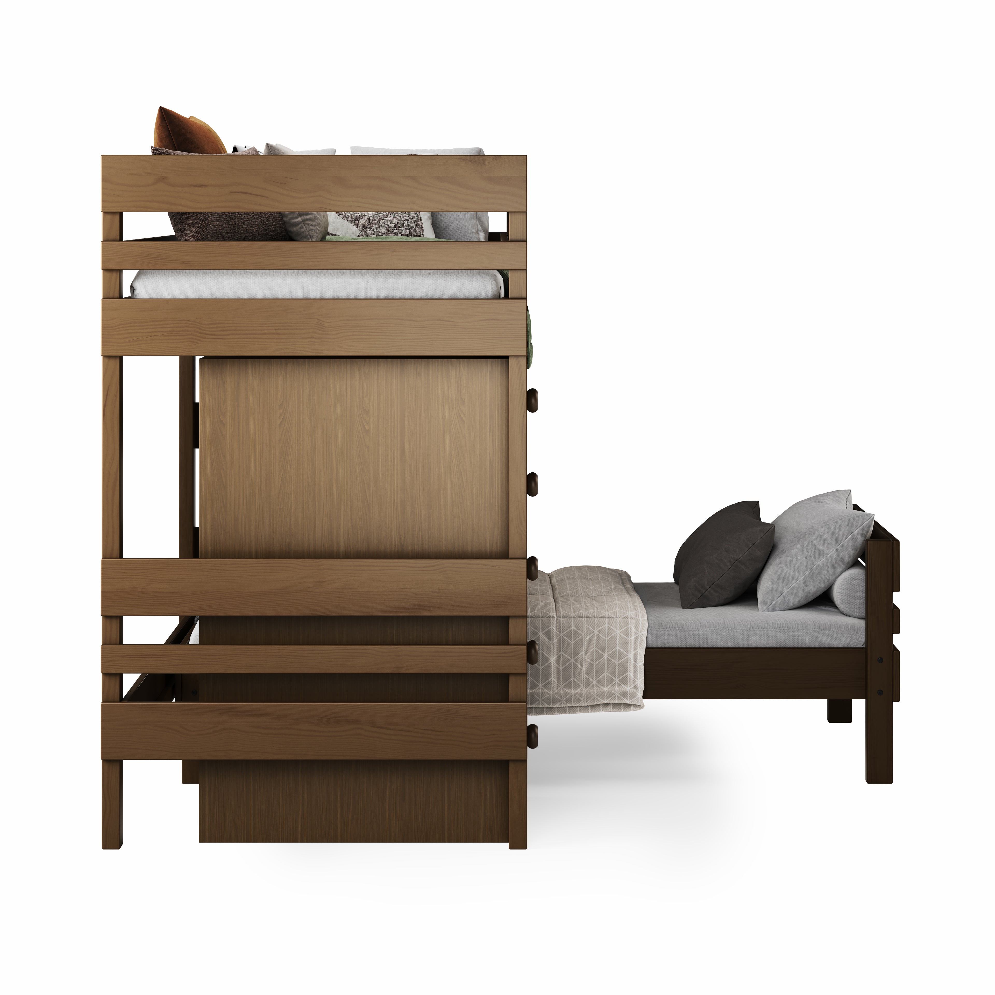 Native Elm mid-line corner bunk bed with clean lines and wood slat guardrails.