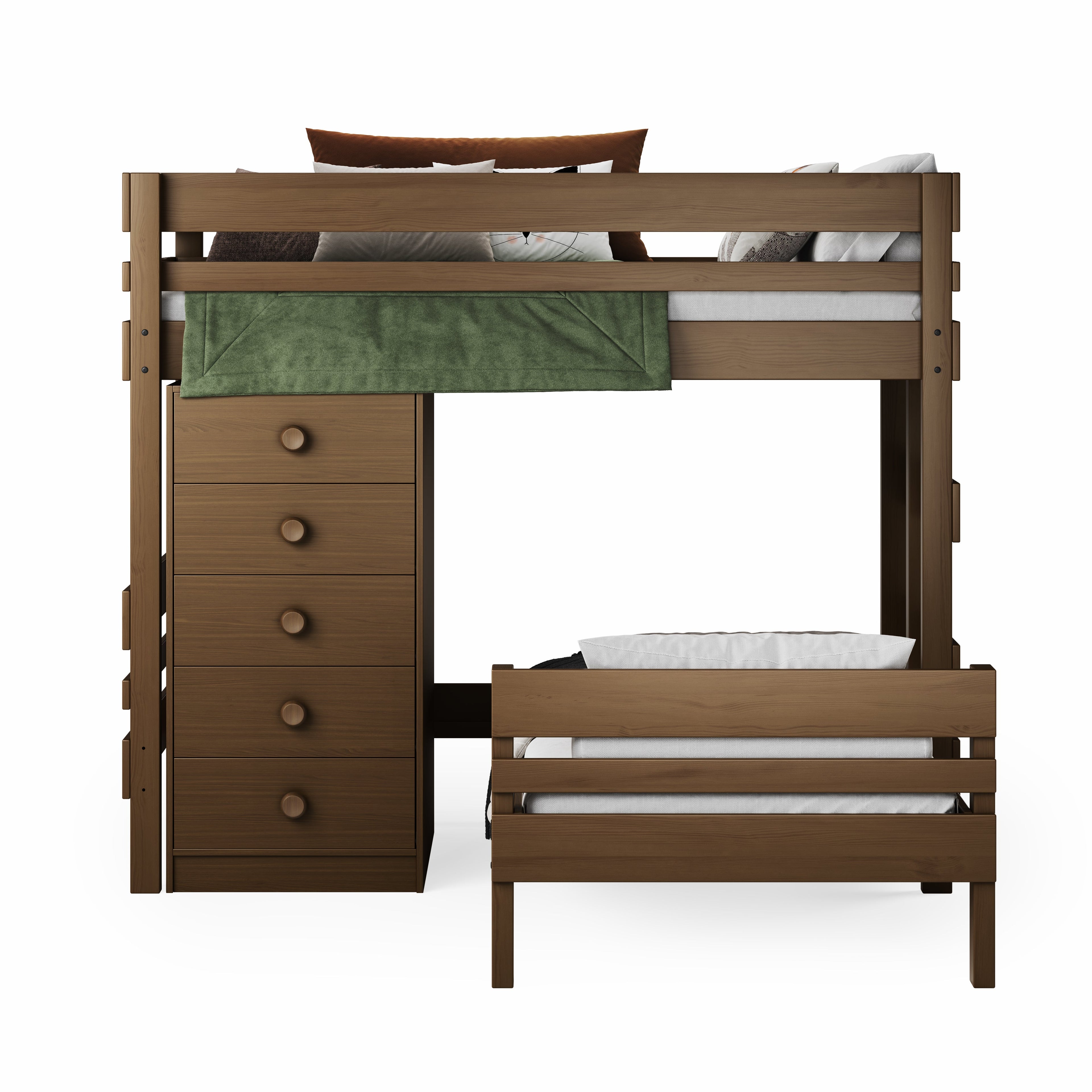 Mid-line corner bunk bed in native elm finish with built-in chest of drawers and lower single bed.