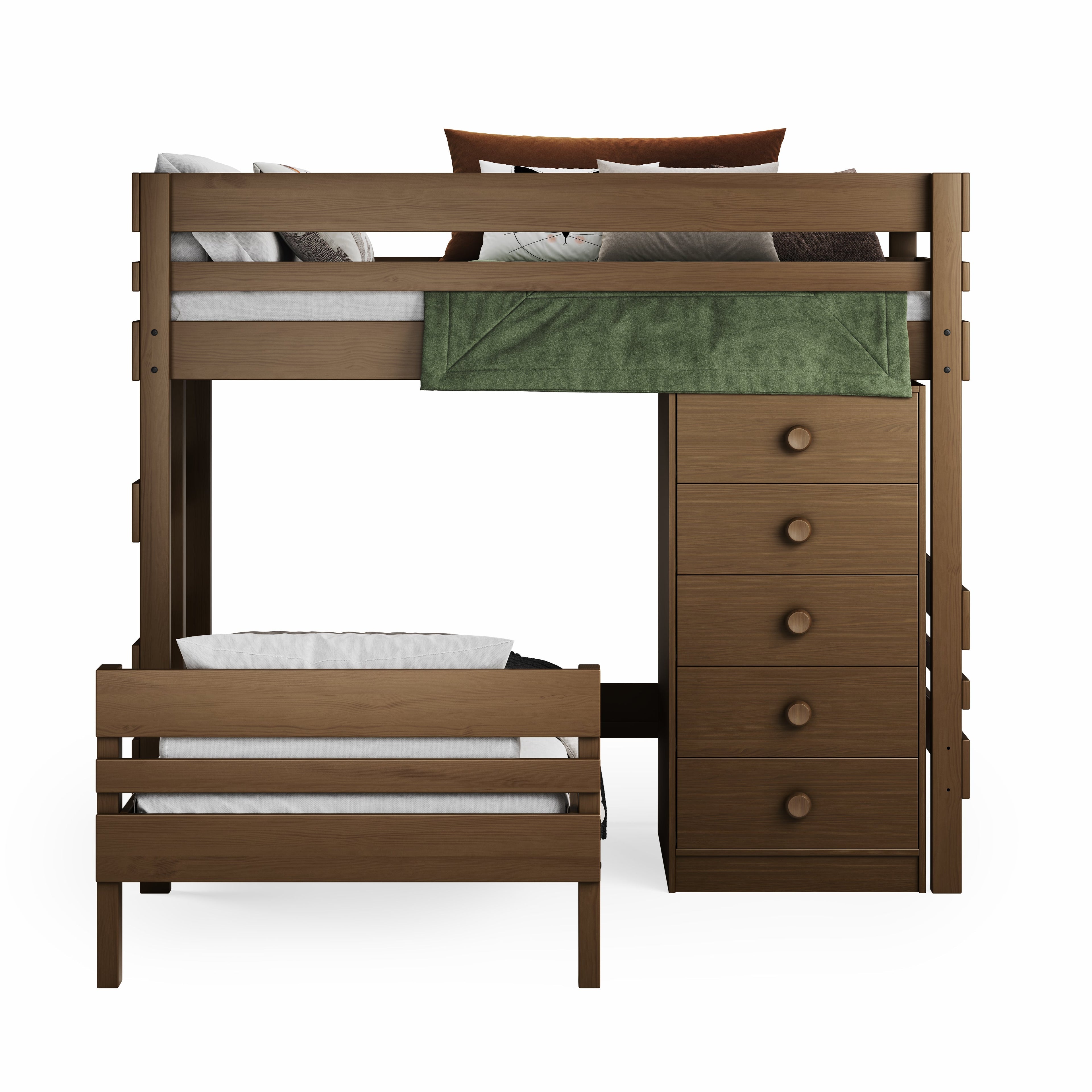 Mid-line corner bunk bed in native elm finish with deep drawer chest and lower single bed.
