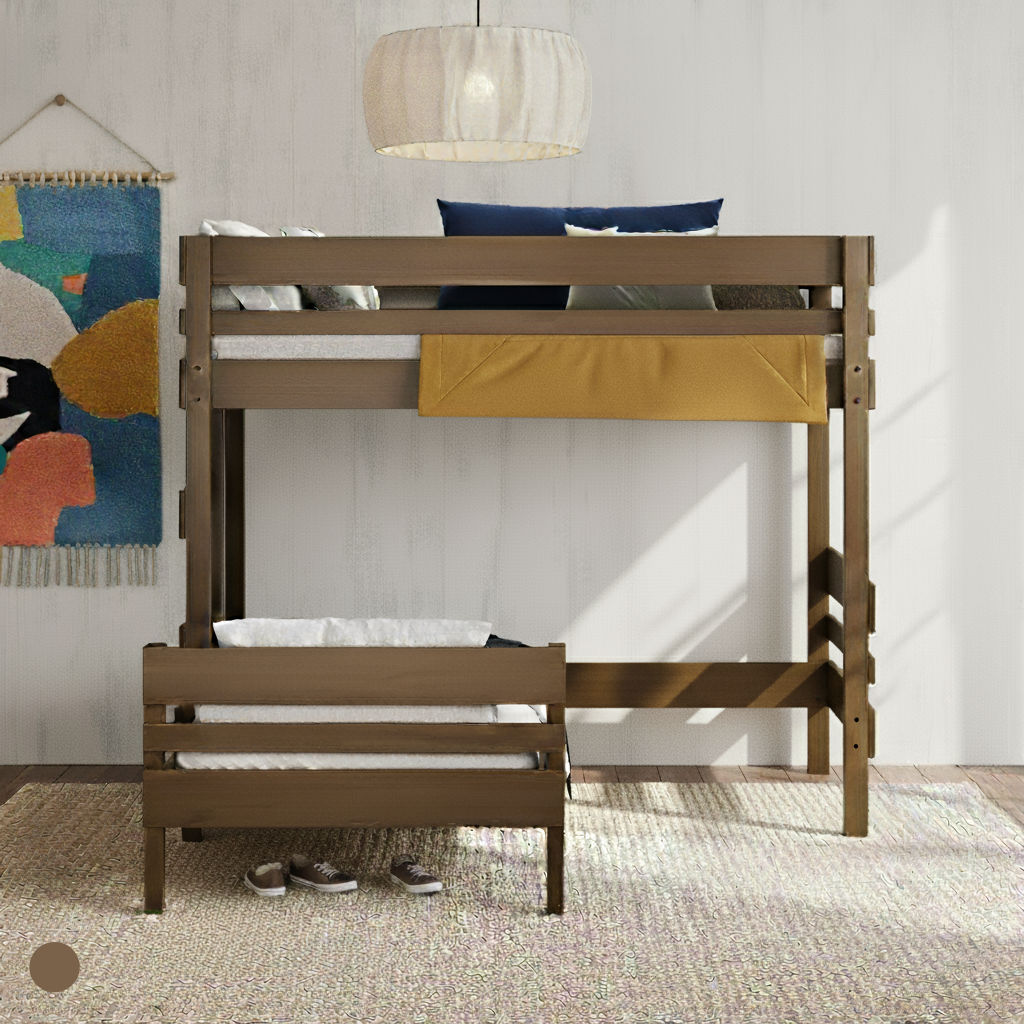 Native elm mid-line corner bunk bed with guardrails, ladder, and beige rug below.