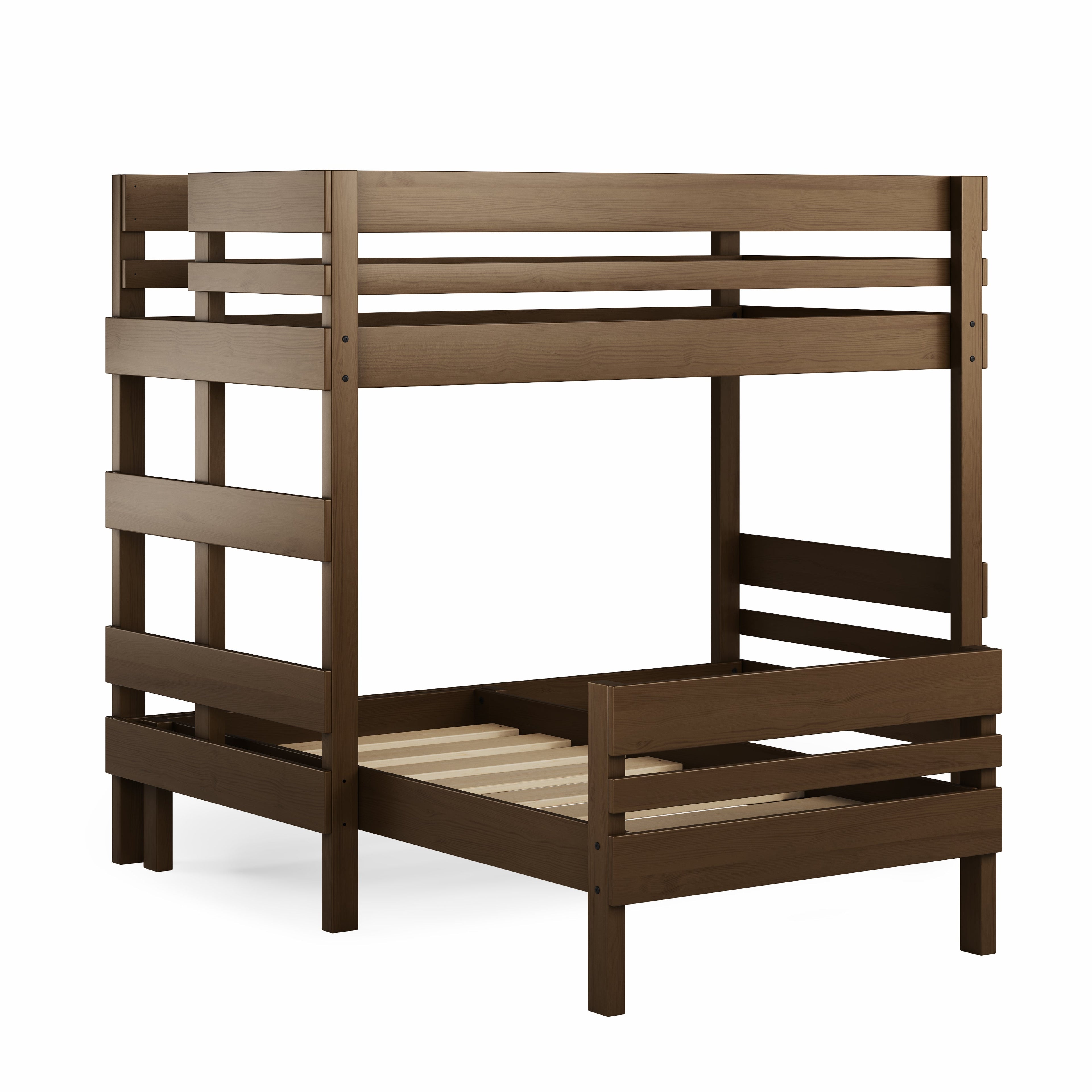 Native elm mid-line corner bunk bed with guardrails and ladder.