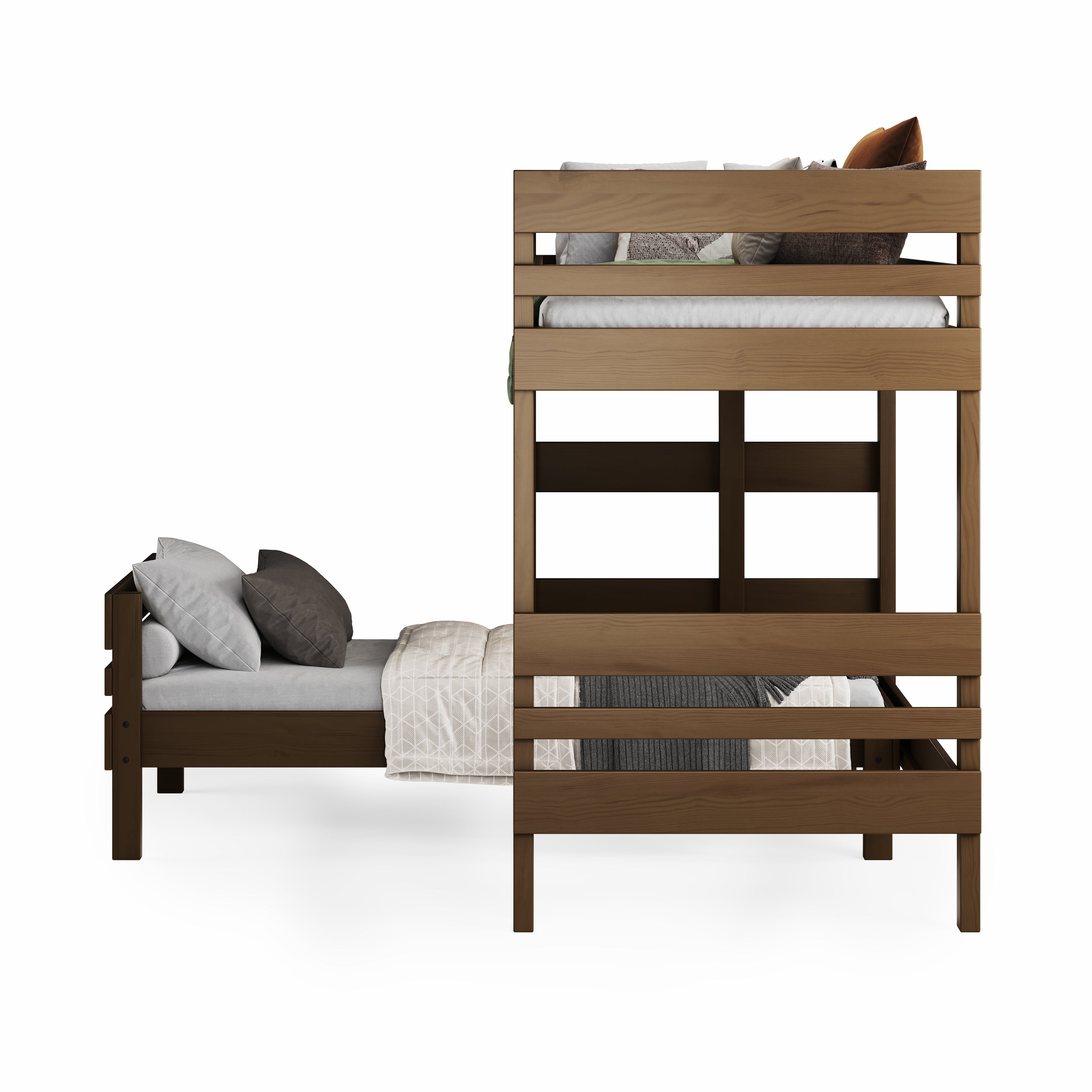 Mid-line corner bunk bed in elm stain with solid timber guardrails and neutral bedding.