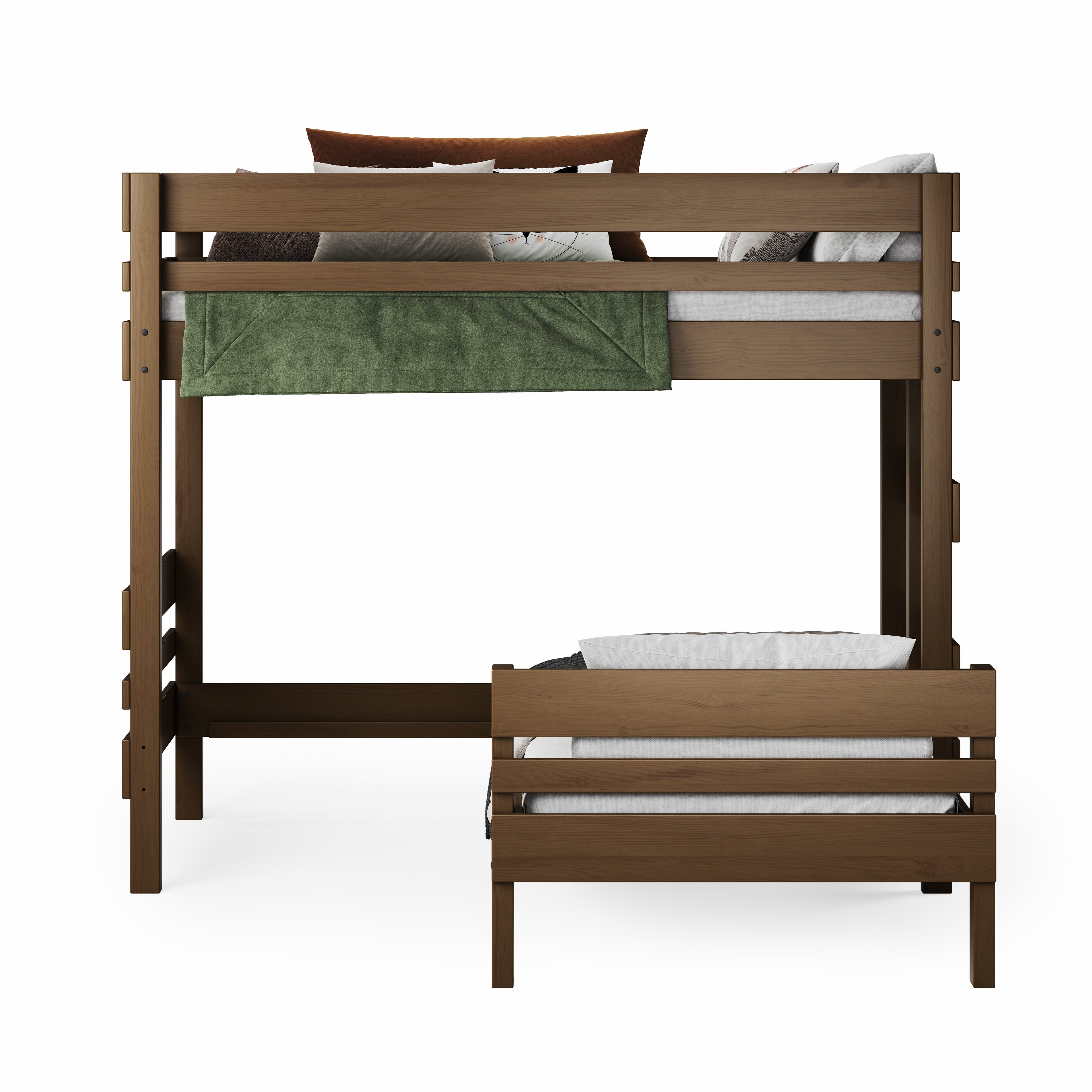 Native elm mid-line corner bunk bed with detached lower single bed and green bedding accents.