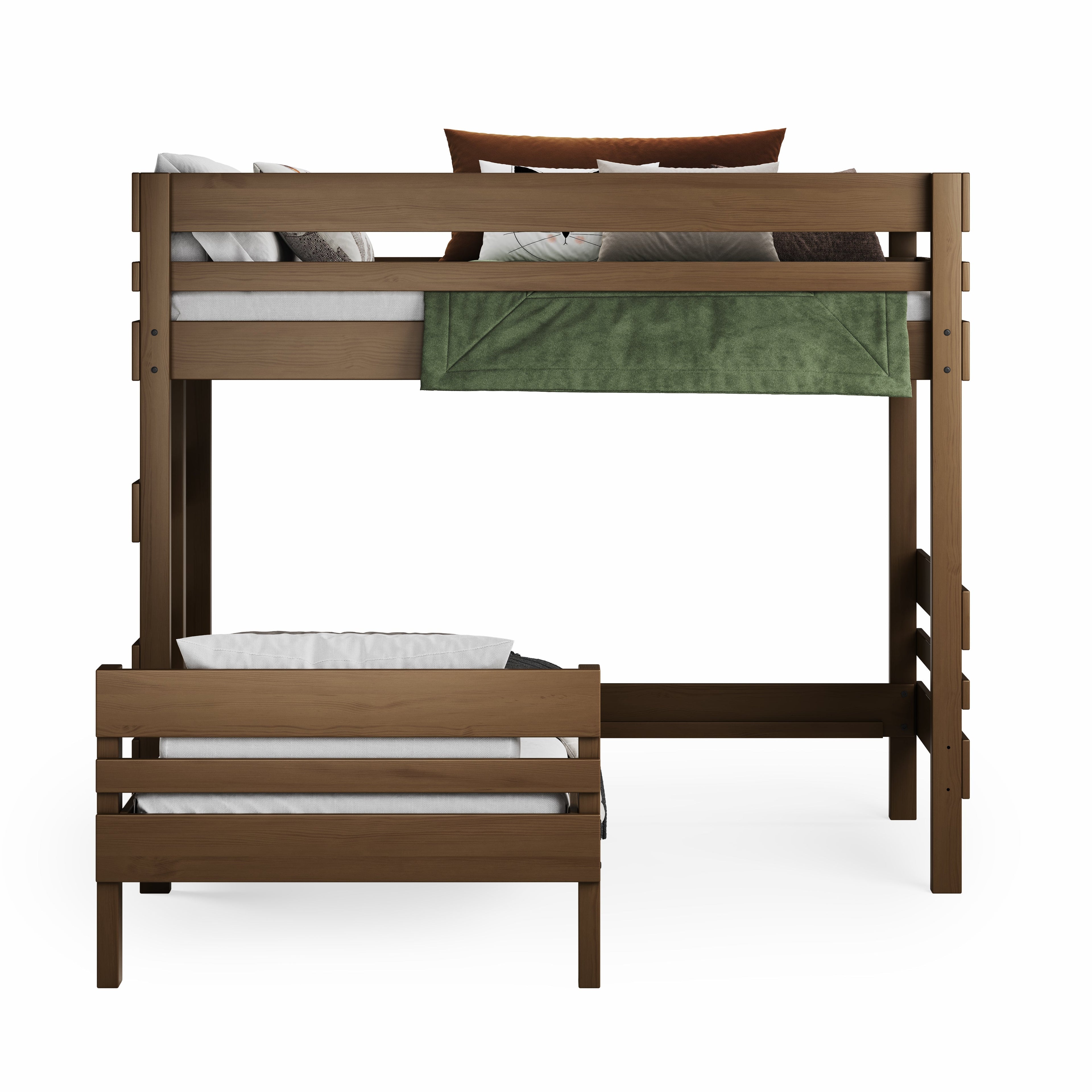 Native elm mid-line corner bunk bed with detached lower single bed and green bedding accents.