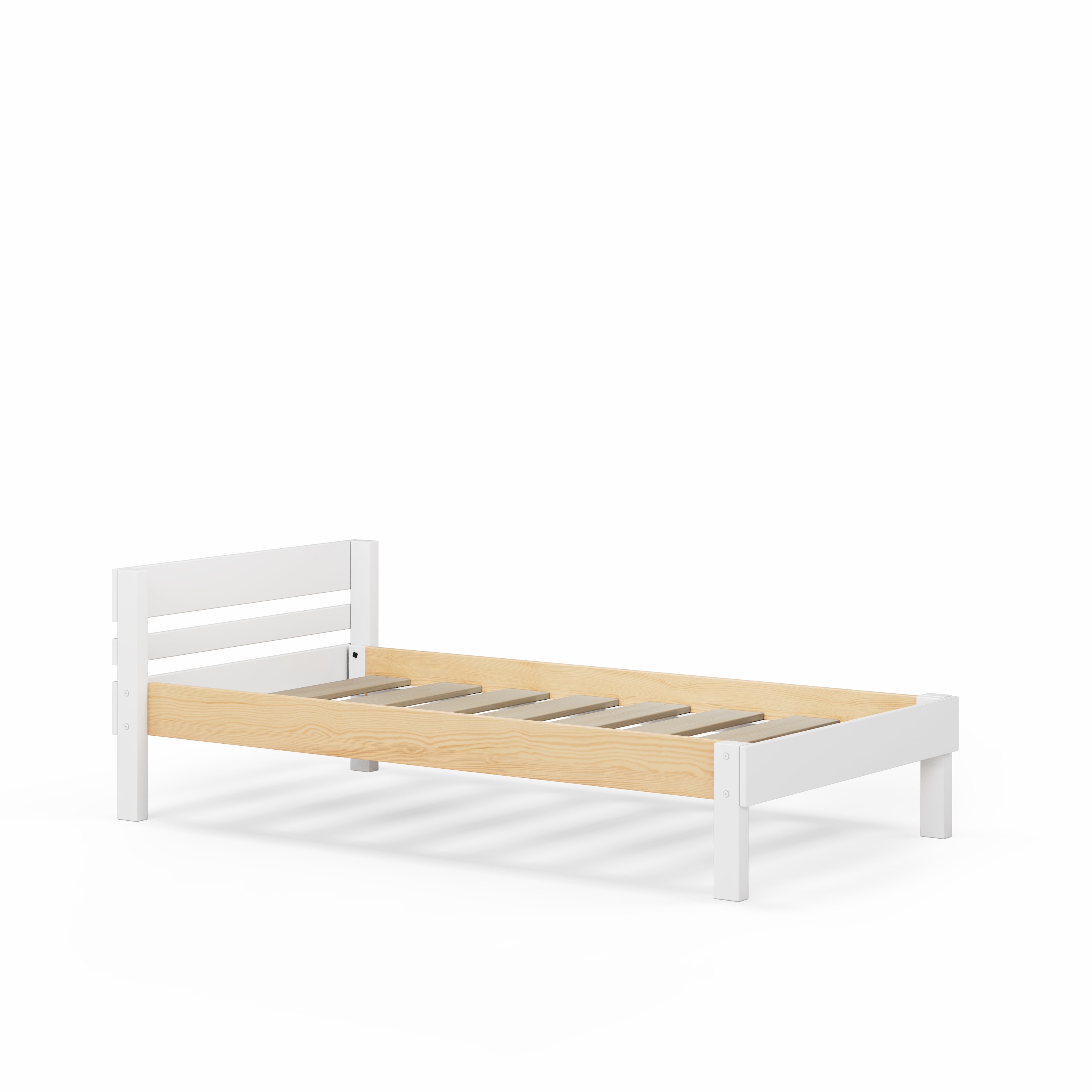 White mid-line corner bunk bed frame with slatted base and simple headboard.