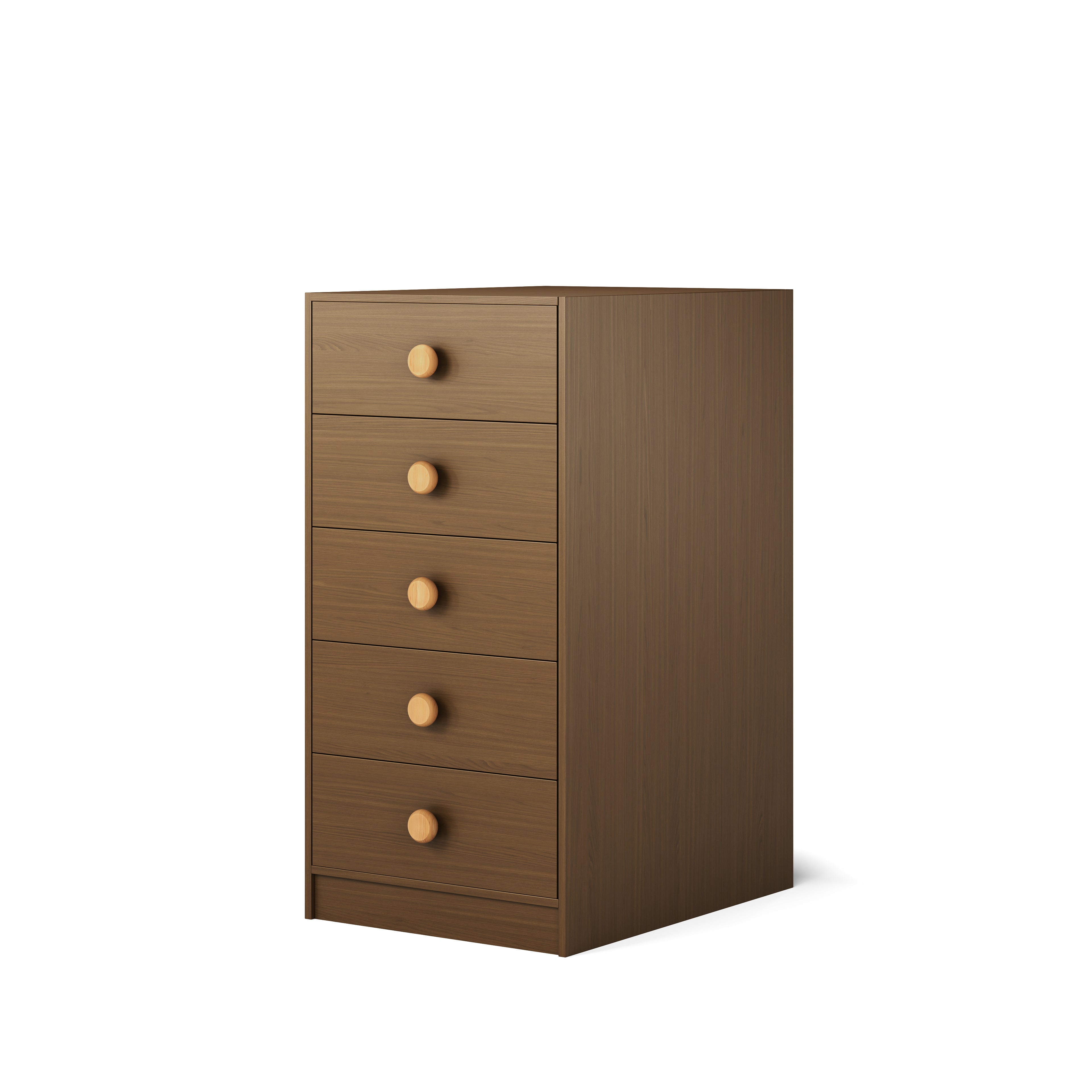wooden chest of five drawers with round knobs in natural elm finish, clear timber handles.