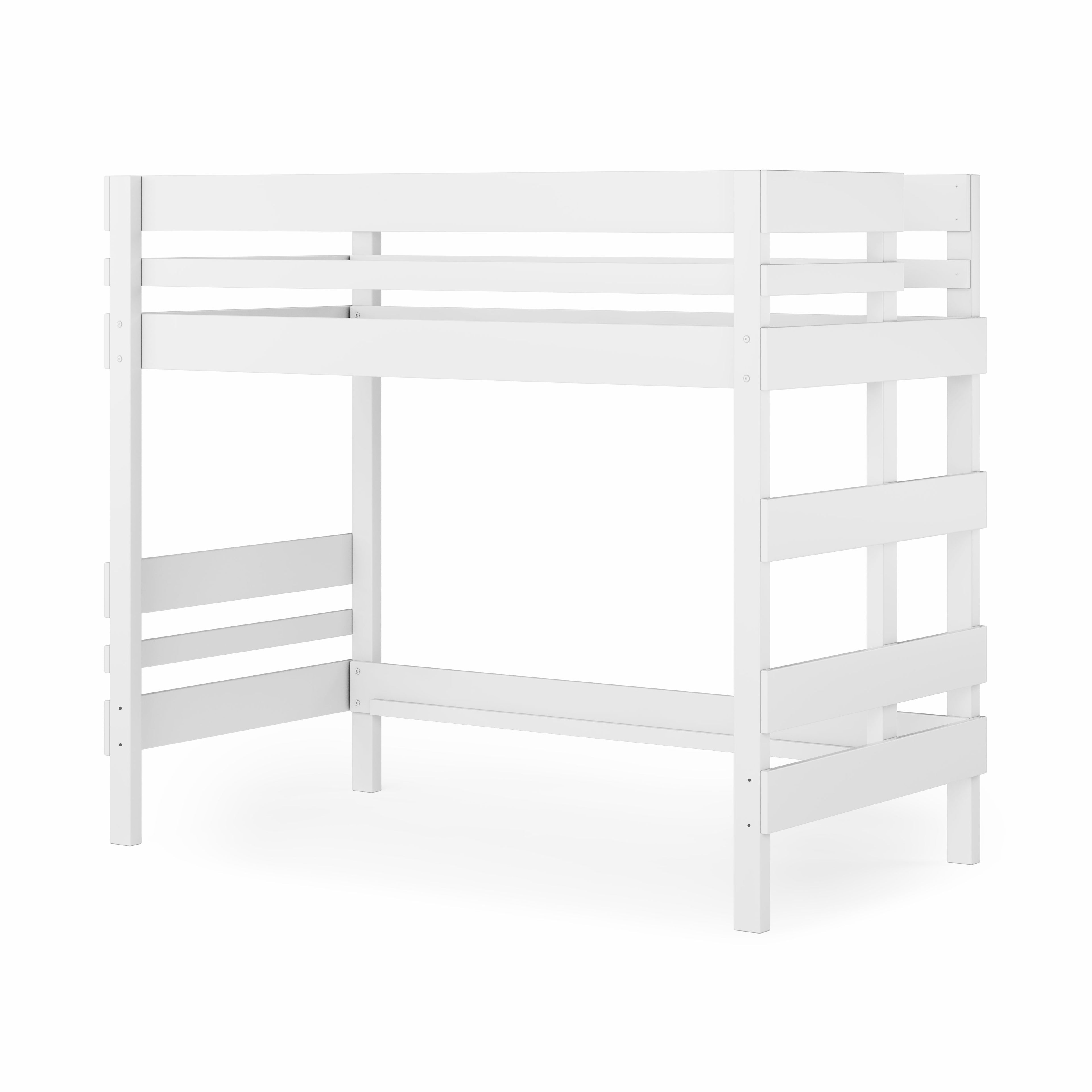 White wooden mid-line corner bunk bed with sturdy rails and ladder.