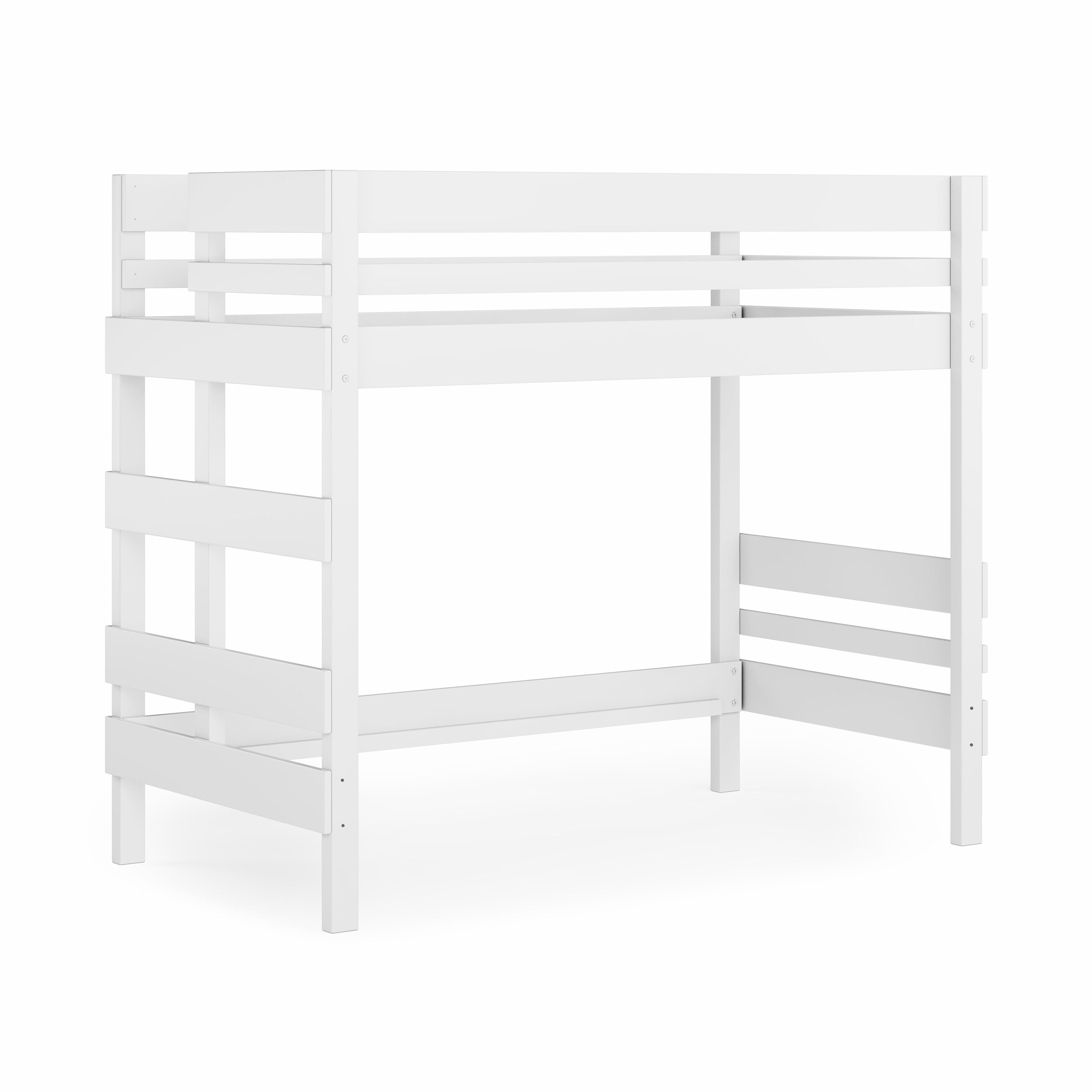 White wooden mid-line corner bunk bed with sturdy rails and ladder.