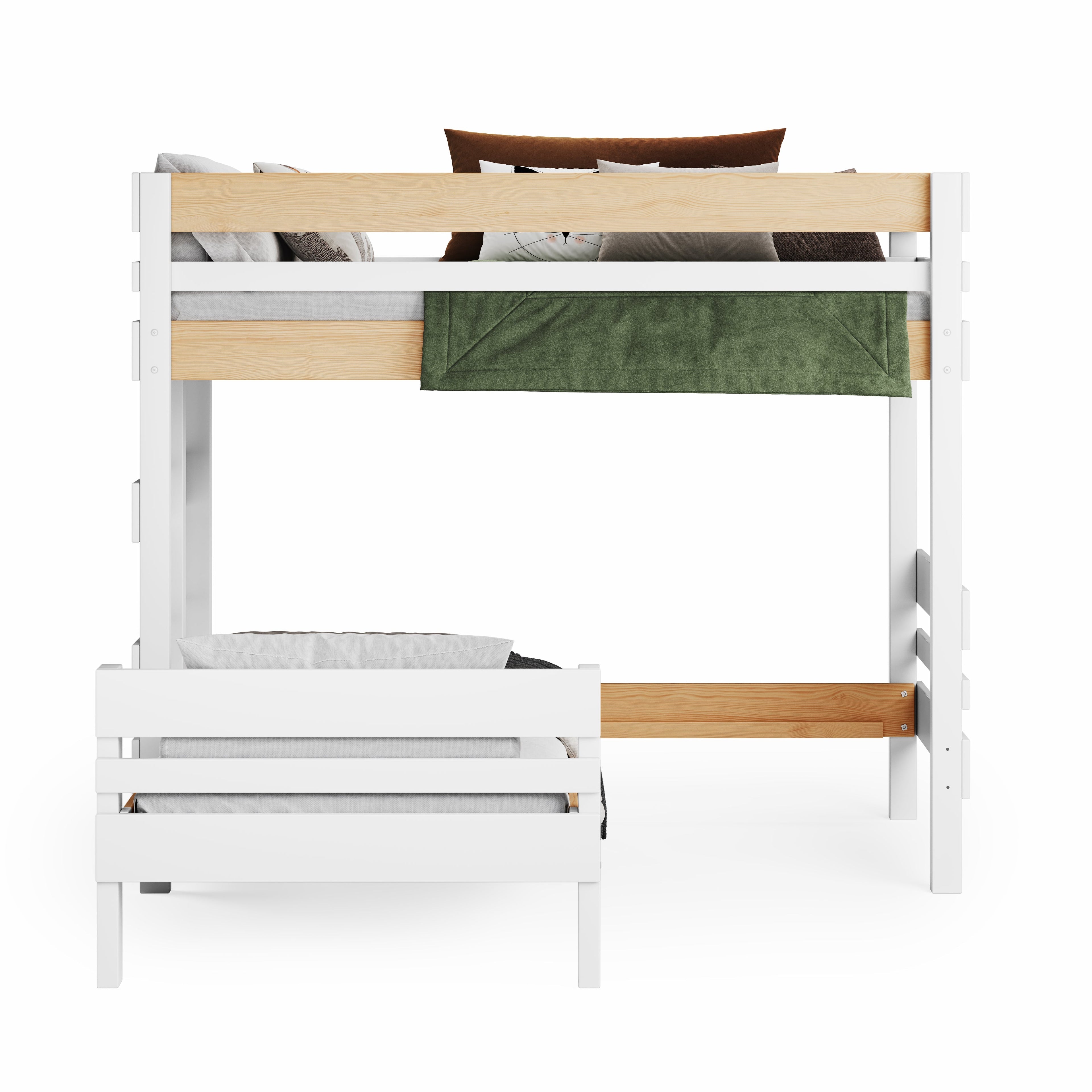 White mid-line bunk bed with natural wood accent and lower pull-out single bed.