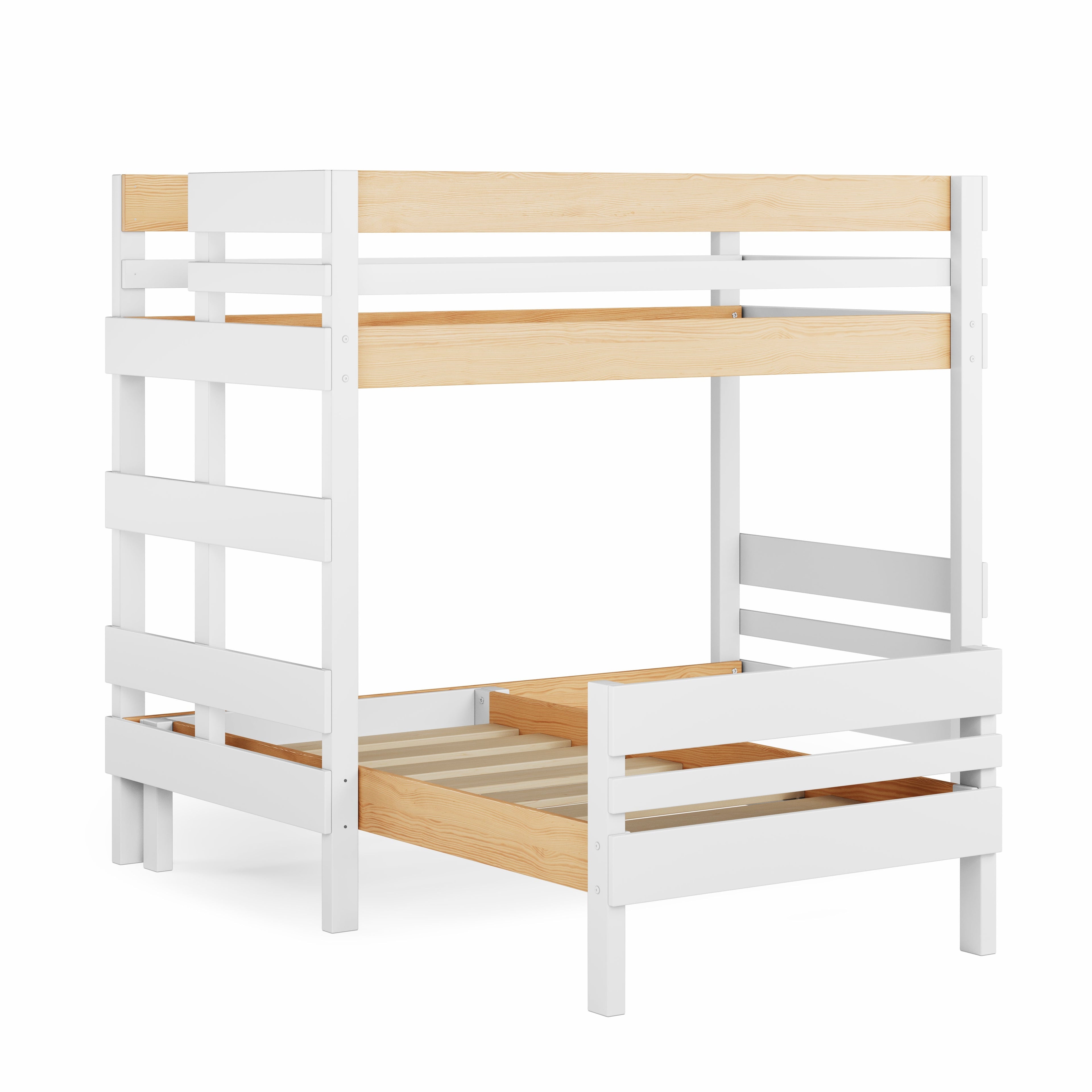 White wooden mid-line corner bunk bed with safety rails and slatted lower bed frame.