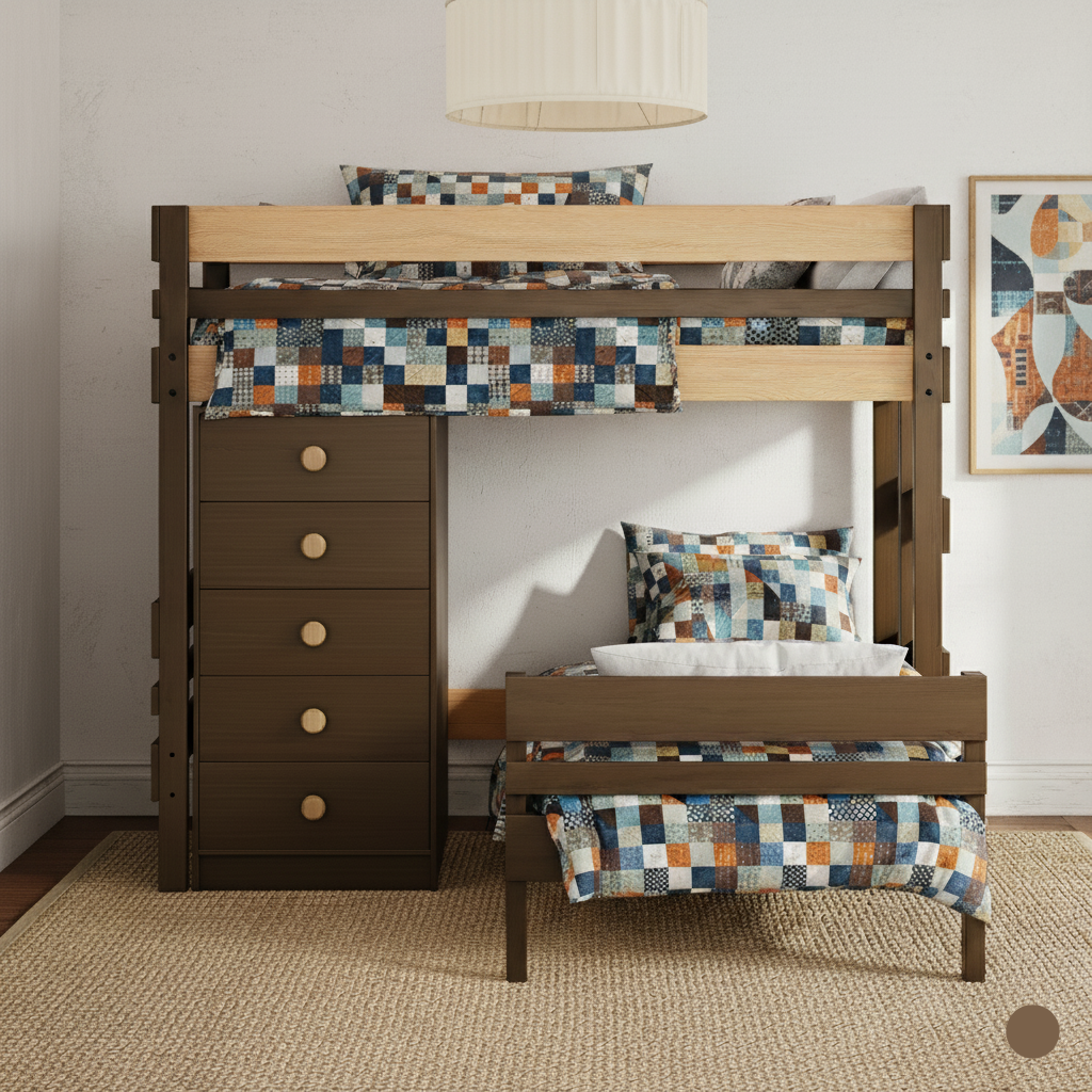 Wooden king single corner bunk bed with checkered bedding and large storage drawer chest in a bright Sydney room setting.