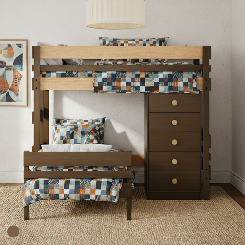 Wooden king single corner bunk bed with checkered bedding and large storage drawer chest in a bright Sydney room setting.