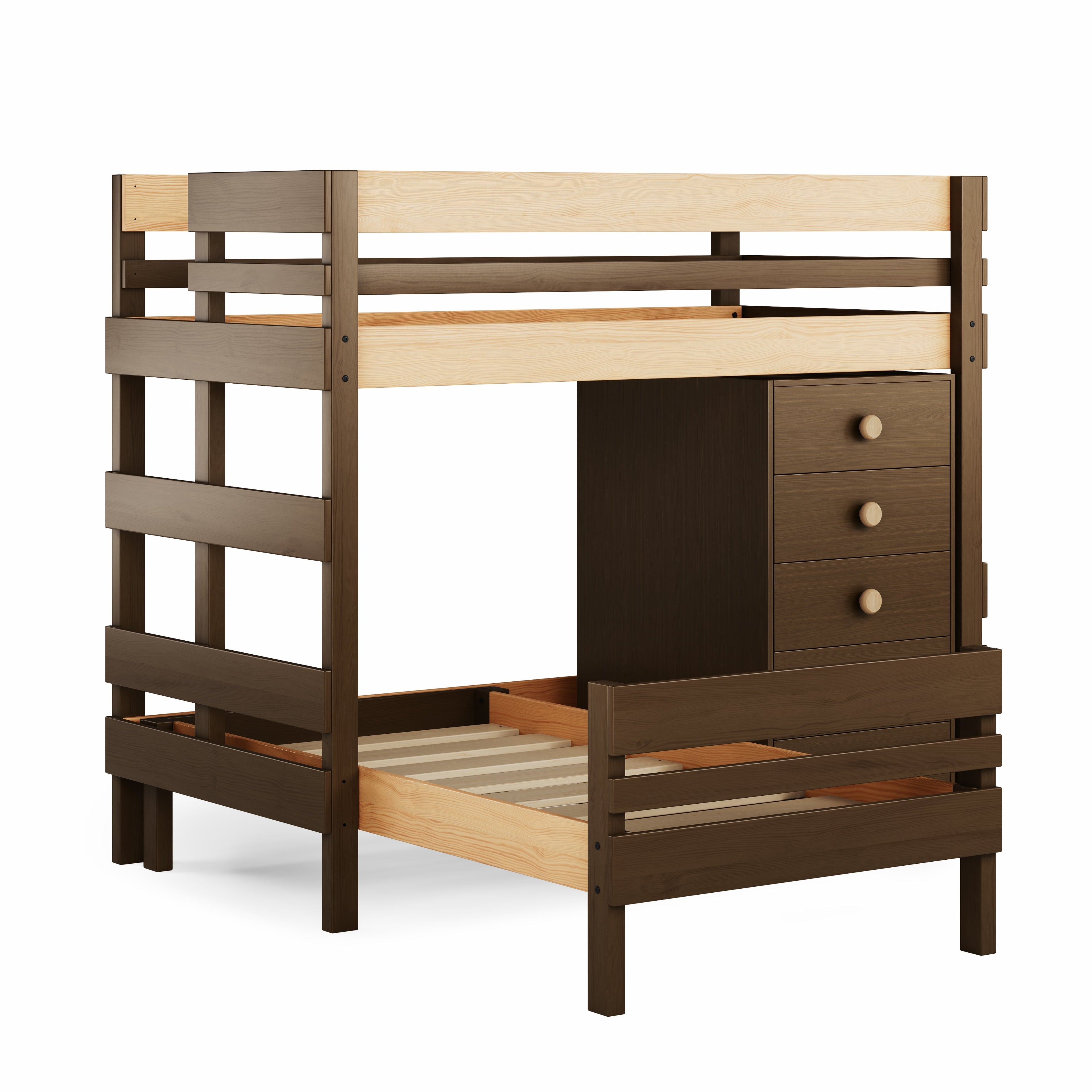 Native elm mid-line corner bunk bed with built-in ladder plus large storage drawers.
