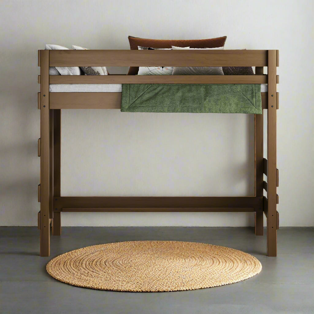 Native Elm mid height high bed with slatted guardrails and ladder, natural wood finish.