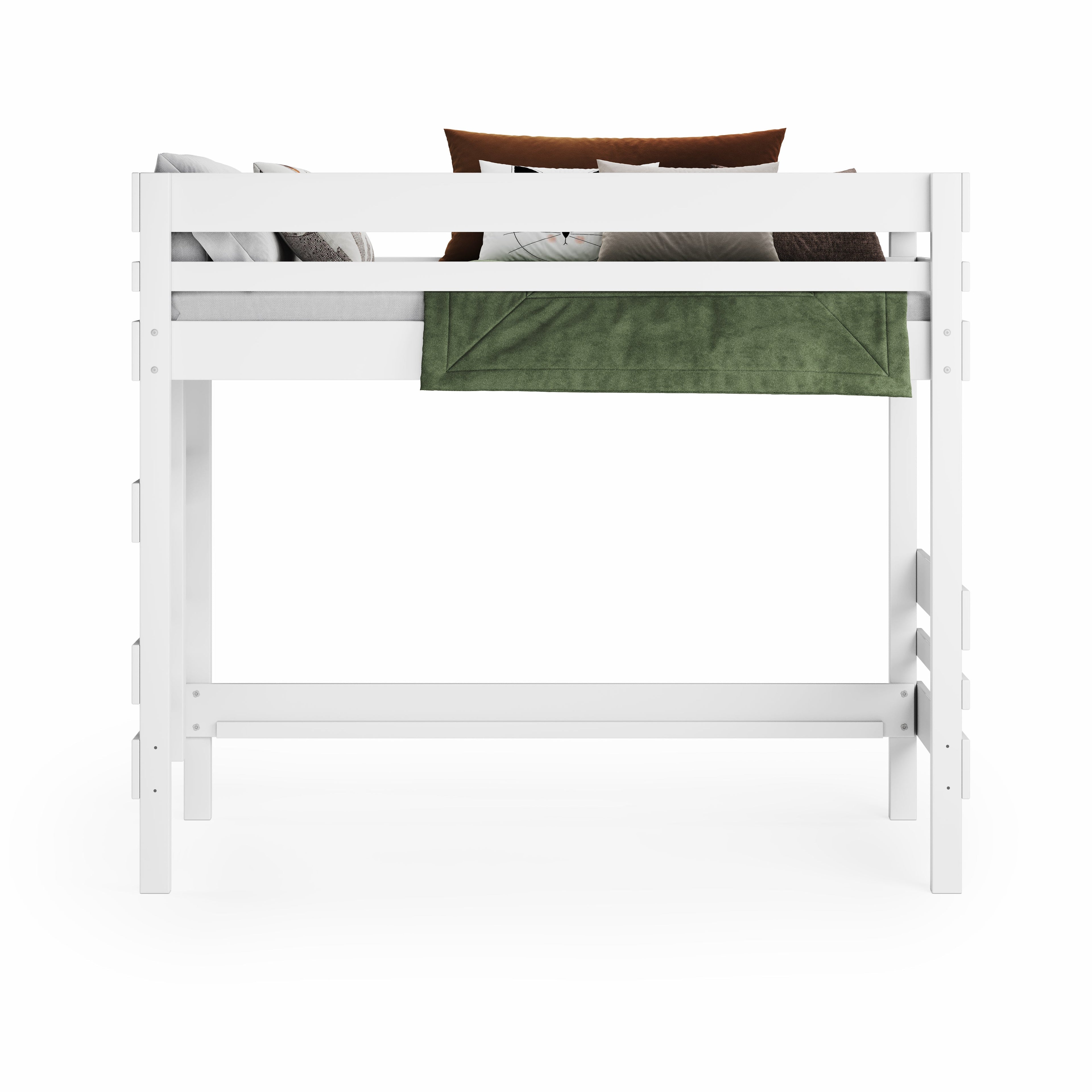 White mid height high bed with slatted safety rails and ladder slots on solid frame.