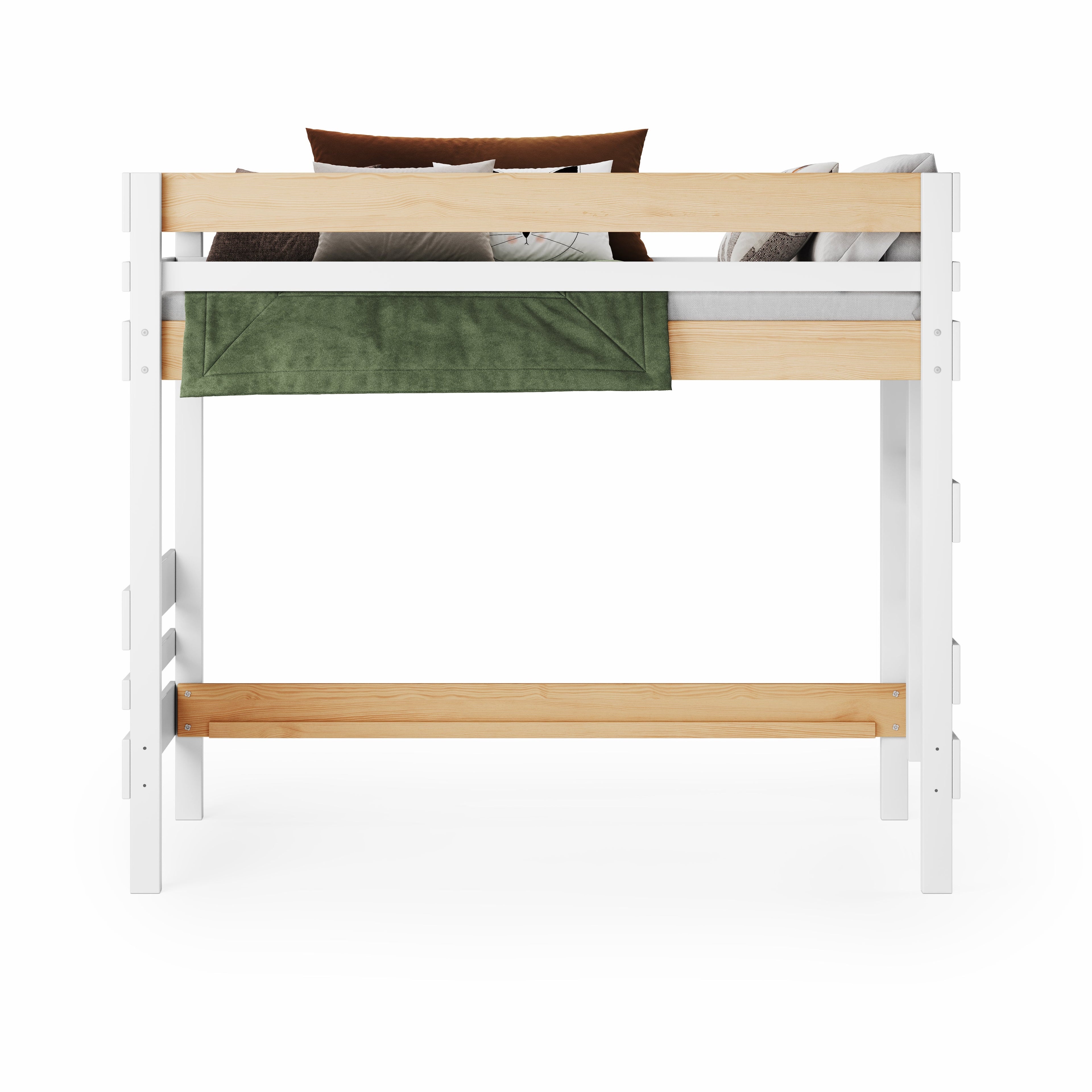 White mid height high bed with wooden accents and guardrails, styled with neutral bedding and pillows.