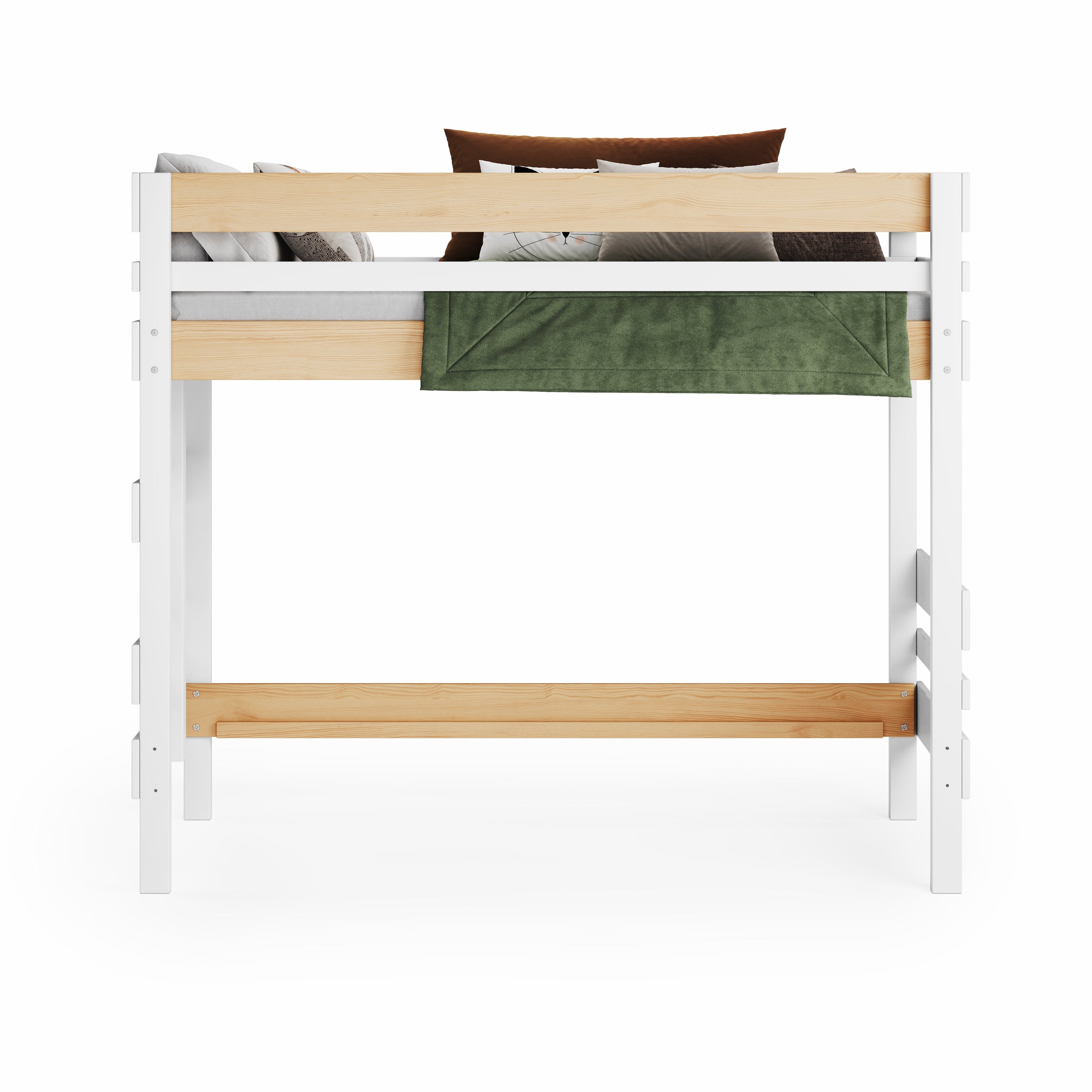 White mid height high bed with wooden accents and guardrails, styled with neutral bedding and pillows.